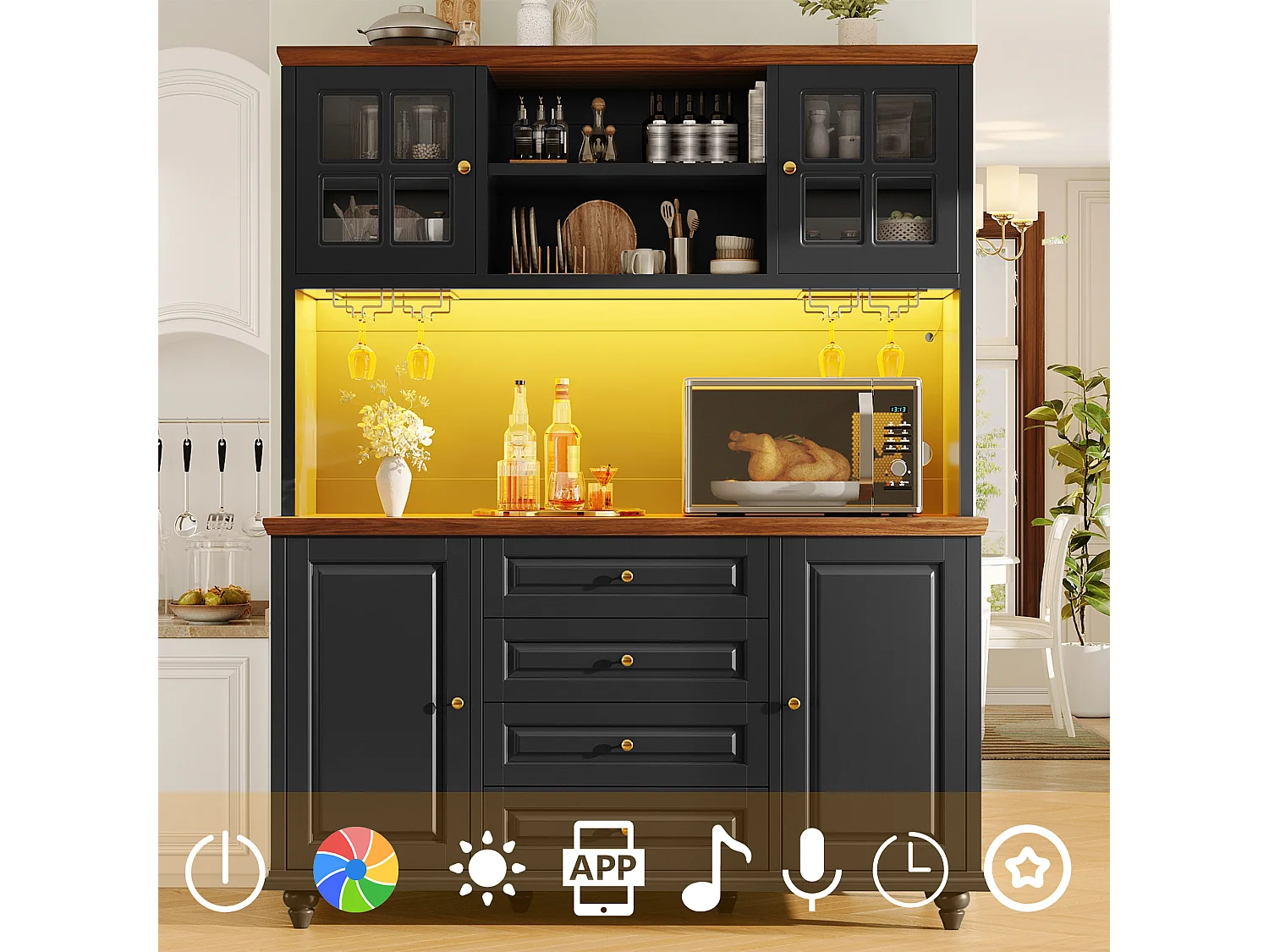 Buffet haut de cuisine avec LED, 4 portes, 4 tiroirs et pieds en bois d'hévéa - MDF et métal - 140 × 40 × 179,5 cm - Noir