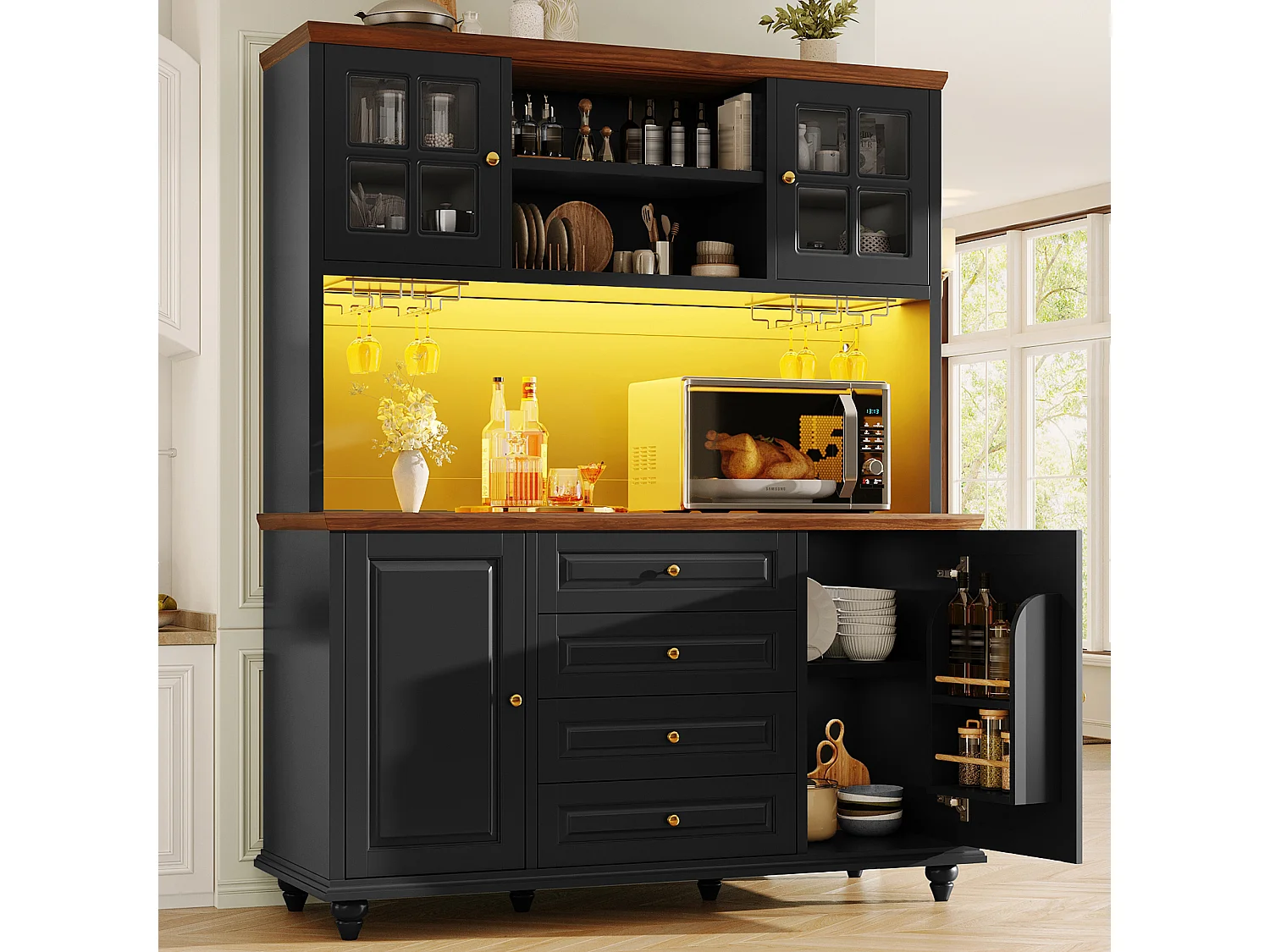 Buffet haut de cuisine avec LED, 4 portes, 4 tiroirs et pieds en bois d'hévéa - MDF et métal - 140 × 40 × 179,5 cm - Noir
