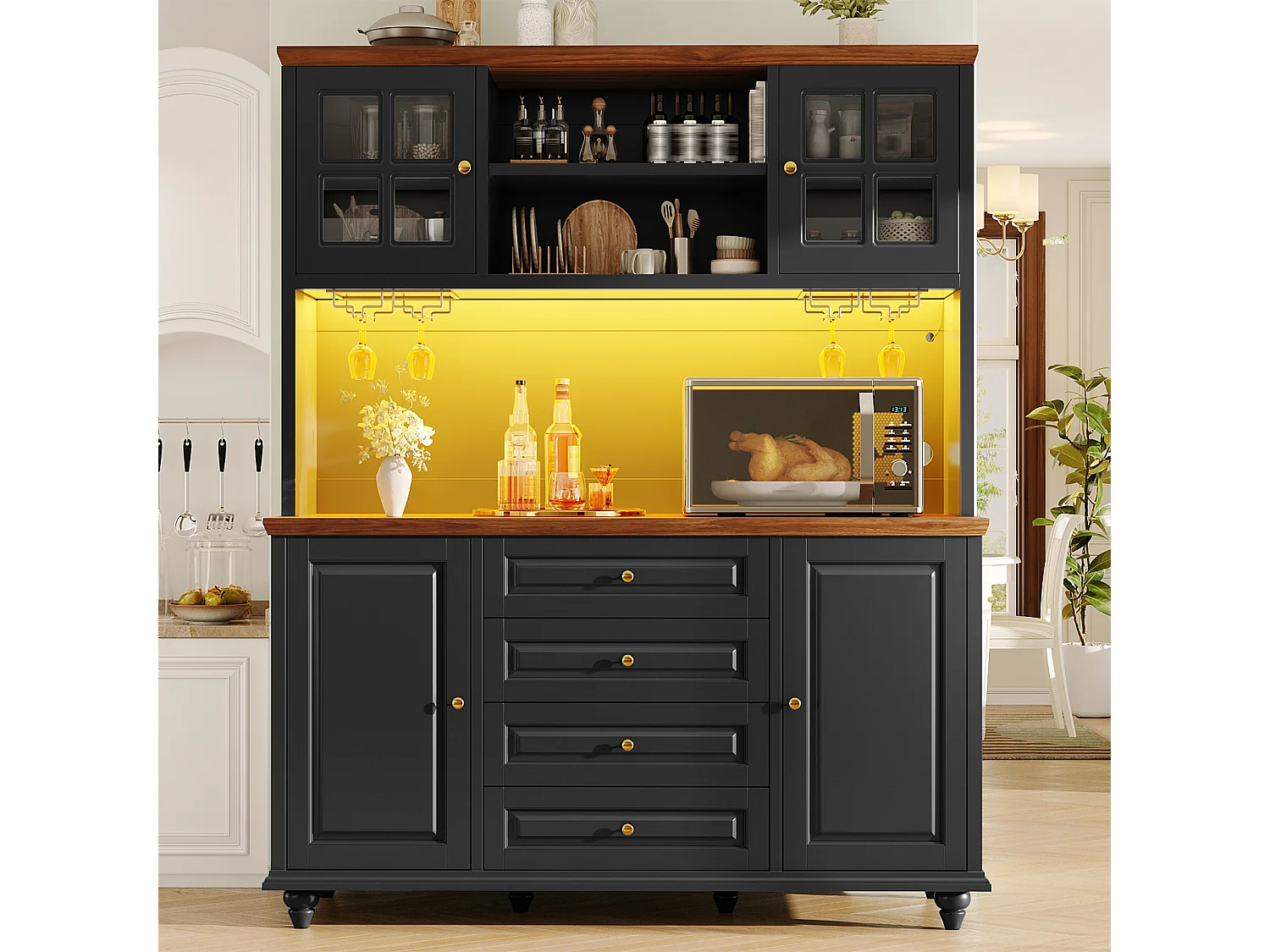 Buffet haut de cuisine avec LED, 4 portes, 4 tiroirs et pieds en bois d'hévéa - MDF et métal - 140 × 40 × 179,5 cm - Noir