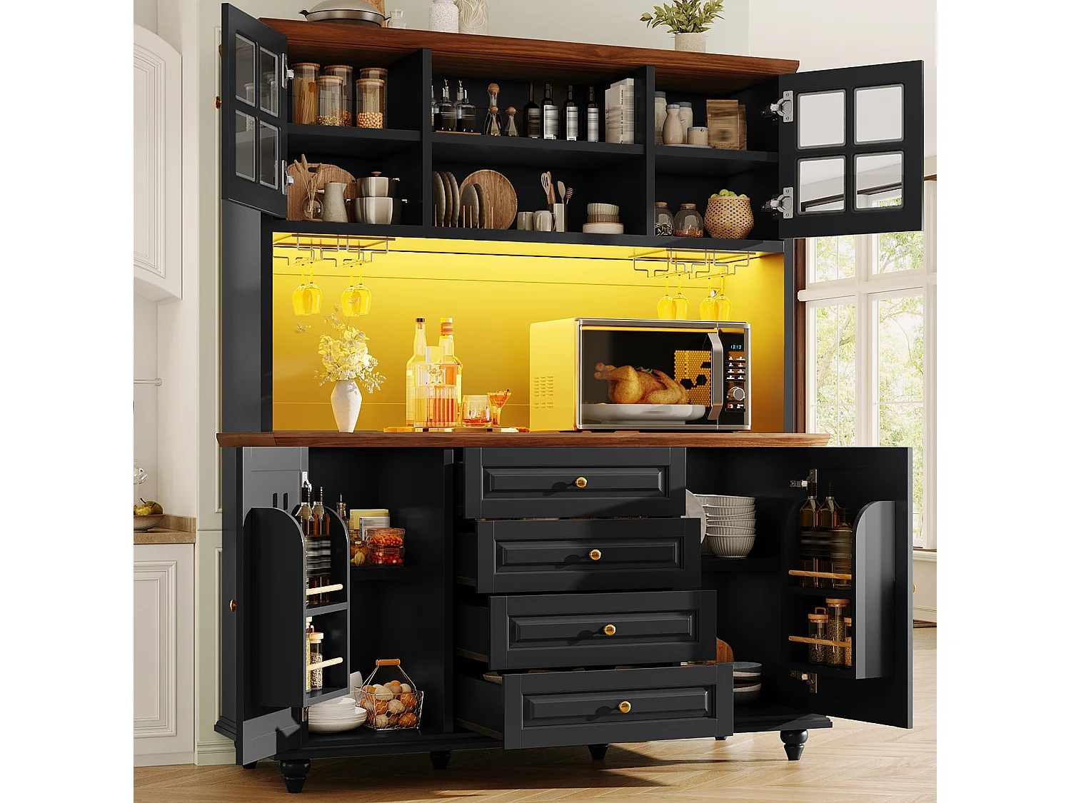 Buffet haut de cuisine avec LED, 4 portes, 4 tiroirs et pieds en bois d'hévéa - MDF et métal - 140 × 40 × 179,5 cm - Noir