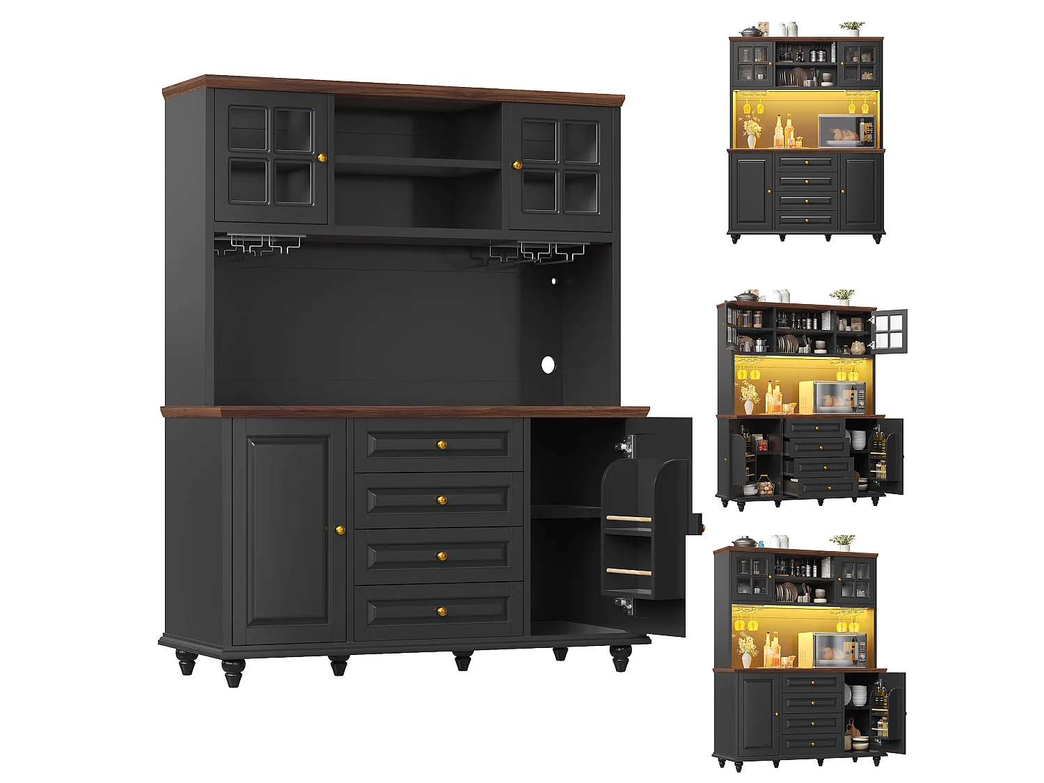 Buffet haut de cuisine avec LED, 4 portes, 4 tiroirs et pieds en bois d'hévéa - MDF et métal - 140 × 40 × 179,5 cm - Noir