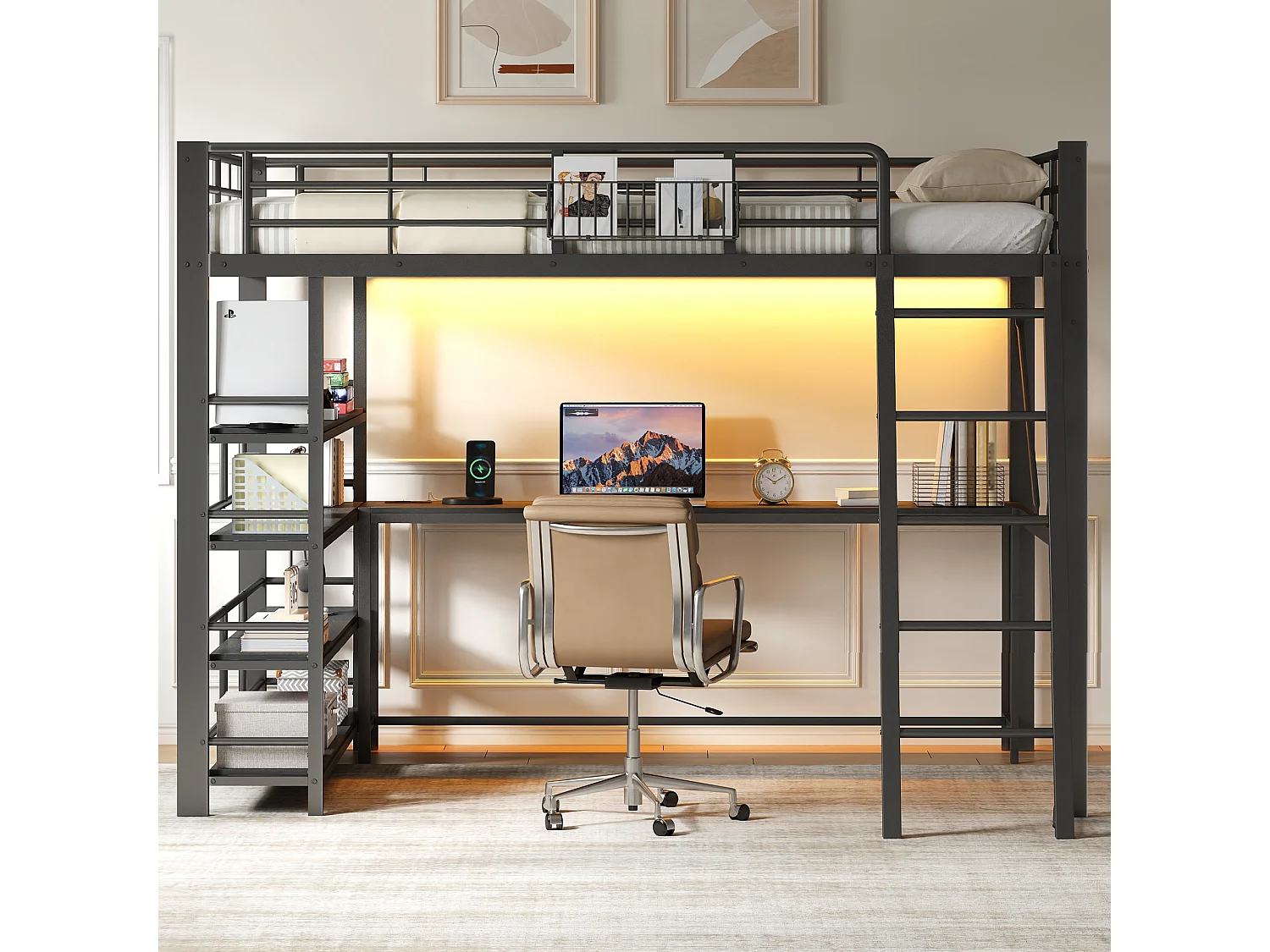 Hochbett 140 x 200 cm mit Schreibtisch, 4-stufigem Regal, Korb, LED-Beleuchtung und Ladestation - Metall - Schwarz (Matratze nicht im Lieferumfang enthalten)