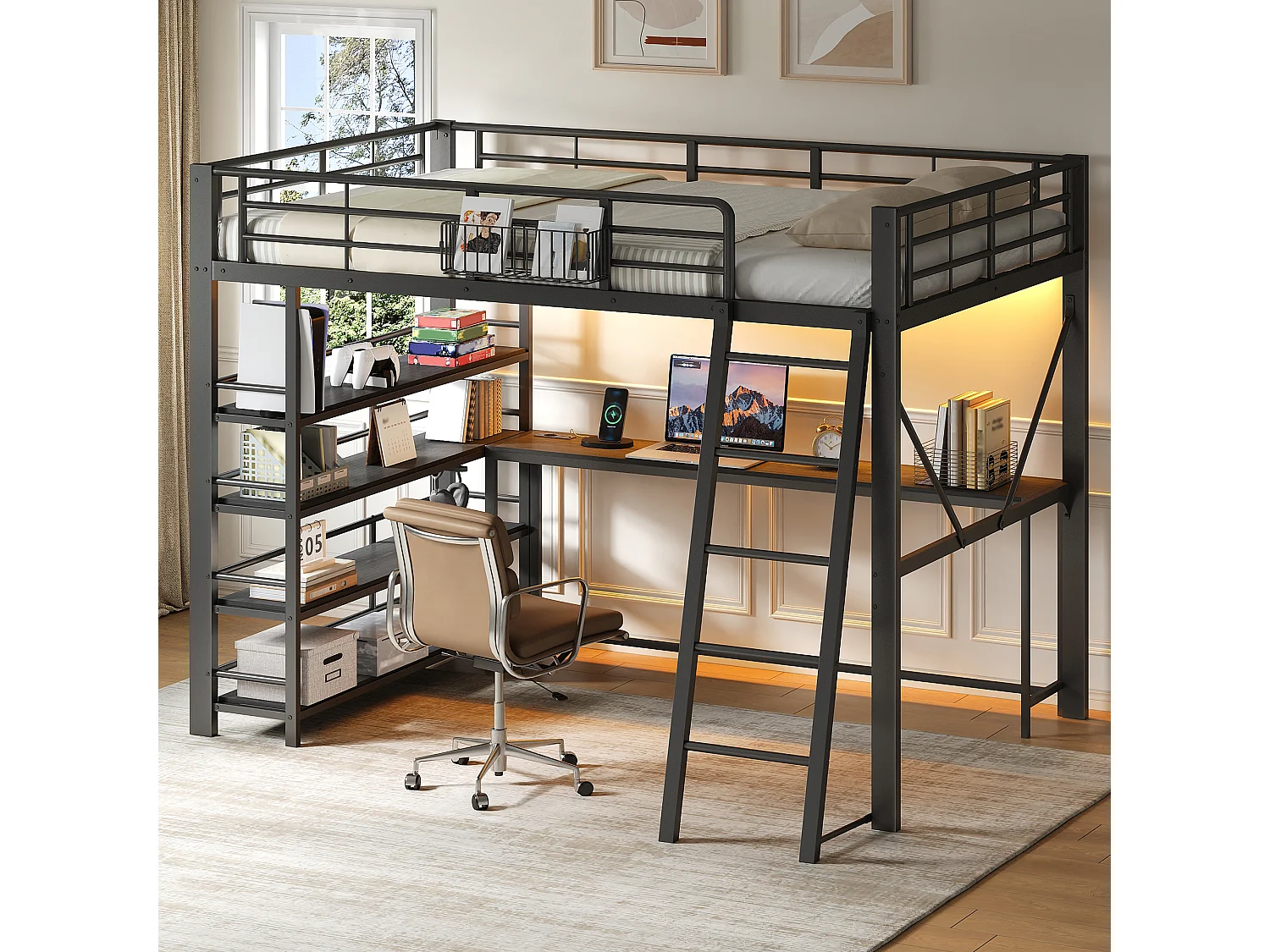 Hochbett 140 x 200 cm mit Schreibtisch, 4-stufigem Regal, Korb, LED-Beleuchtung und Ladestation - Metall - Schwarz (Matratze nicht im Lieferumfang enthalten)