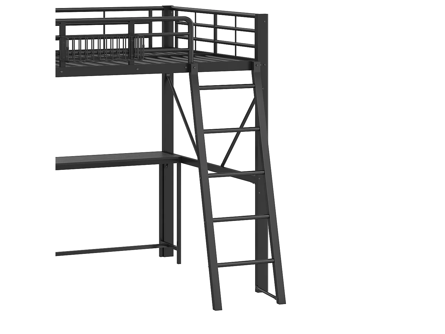 Hochbett 140 x 200 cm mit Schreibtisch, 4-stufigem Regal, Korb, LED-Beleuchtung und Ladestation - Metall - Schwarz (Matratze nicht im Lieferumfang enthalten)