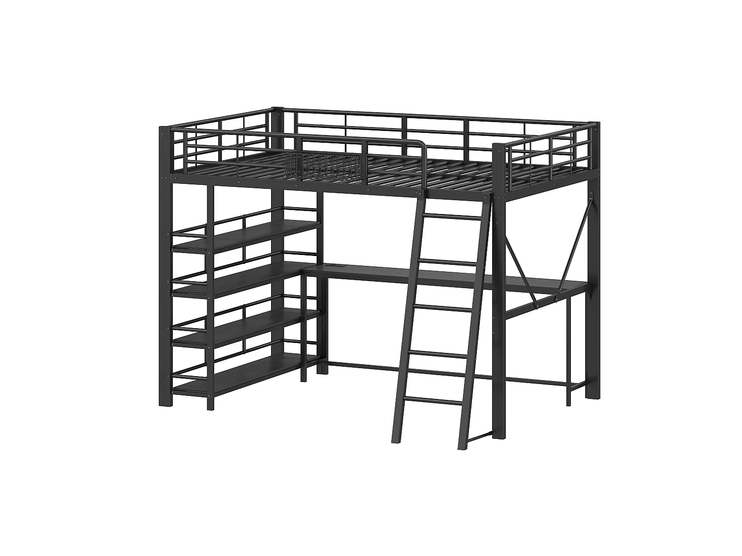 Hochbett 140 x 200 cm mit Schreibtisch, 4-stufigem Regal, Korb, LED-Beleuchtung und Ladestation - Metall - Schwarz (Matratze nicht im Lieferumfang enthalten)