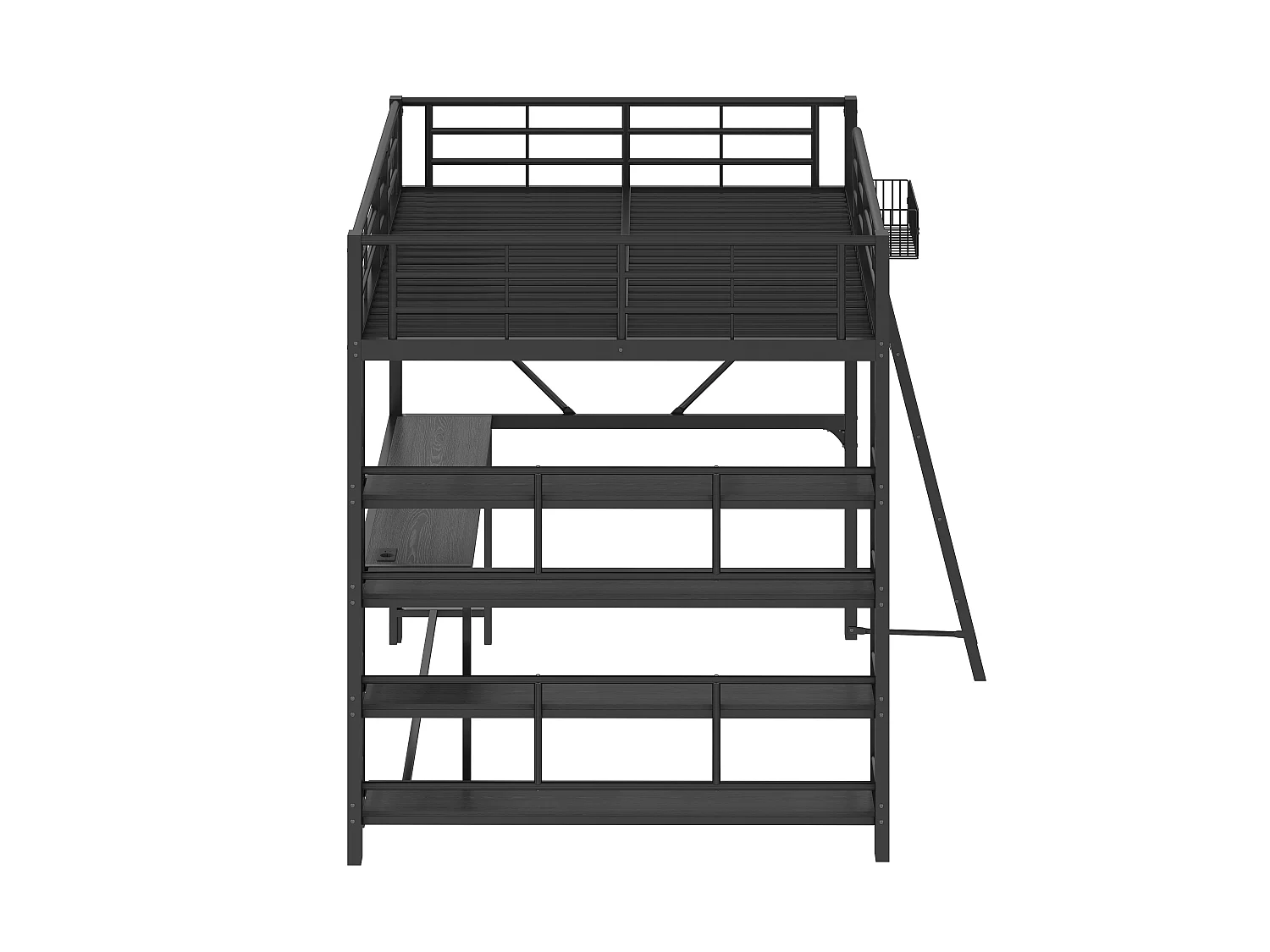 Hochbett 140 x 200 cm mit Schreibtisch, 4-stufigem Regal, Korb, LED-Beleuchtung und Ladestation - Metall - Schwarz (Matratze nicht im Lieferumfang enthalten)