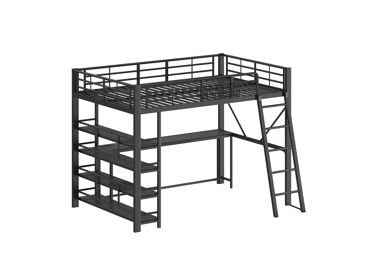Hochbett 140 x 200 cm mit Schreibtisch, 4-stufigem Regal, Korb, LED-Beleuchtung und Ladestation - Metall - Schwarz (Matratze nicht im Lieferumfang enthalten)