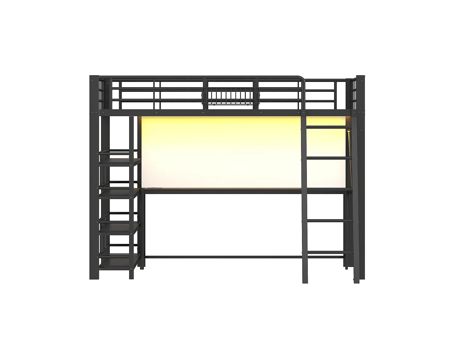 Hochbett 140 x 200 cm mit Schreibtisch, 4-stufigem Regal, Korb, LED-Beleuchtung und Ladestation - Metall - Schwarz (Matratze nicht im Lieferumfang enthalten)