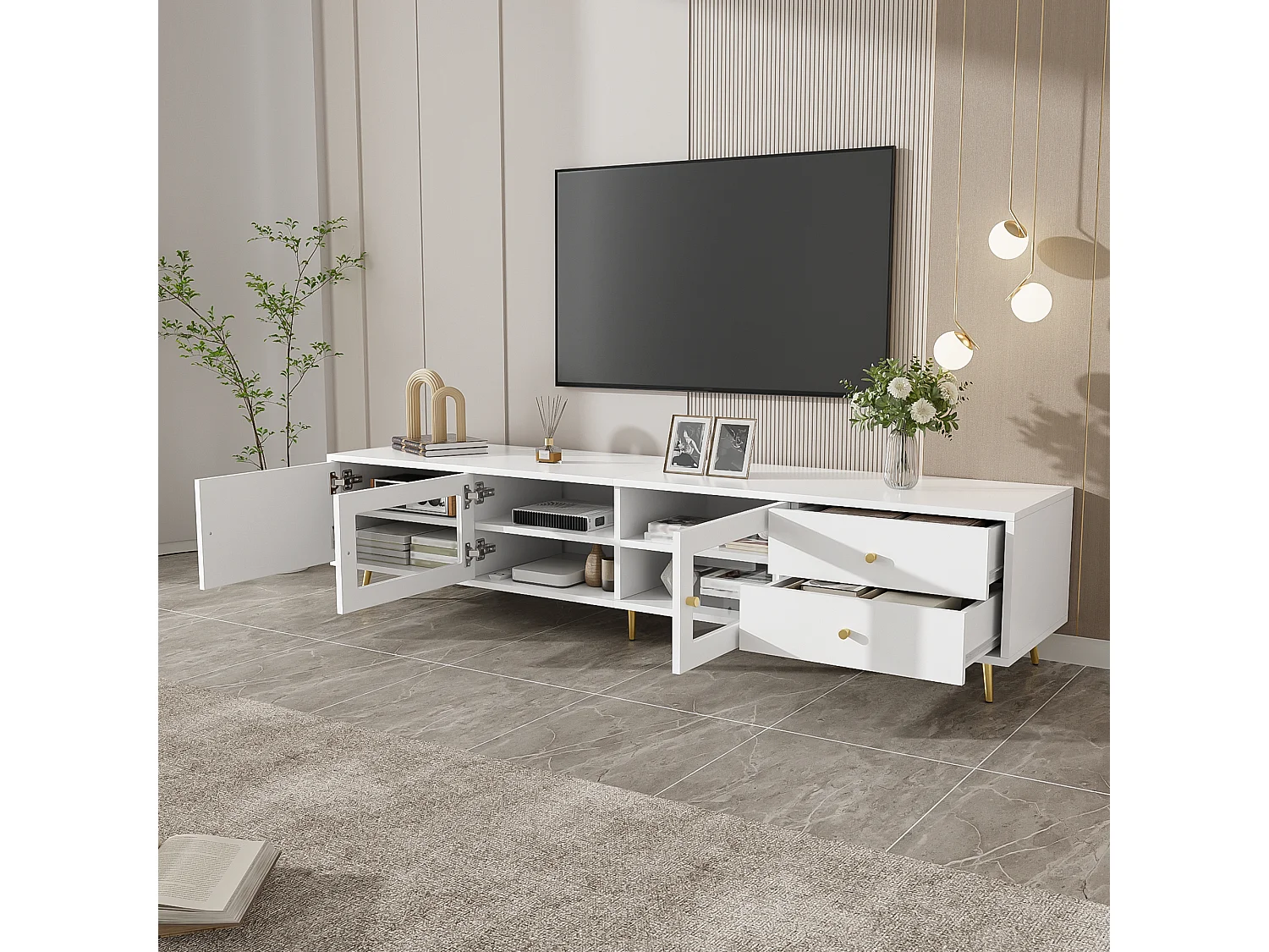 Moderner, niedriger TV-Ständer mit 2 Schubladen, 2 Glastüren und verstellbarem Stauraum – MDF und Metall – 170 x 40 x 28 cm – Weiß