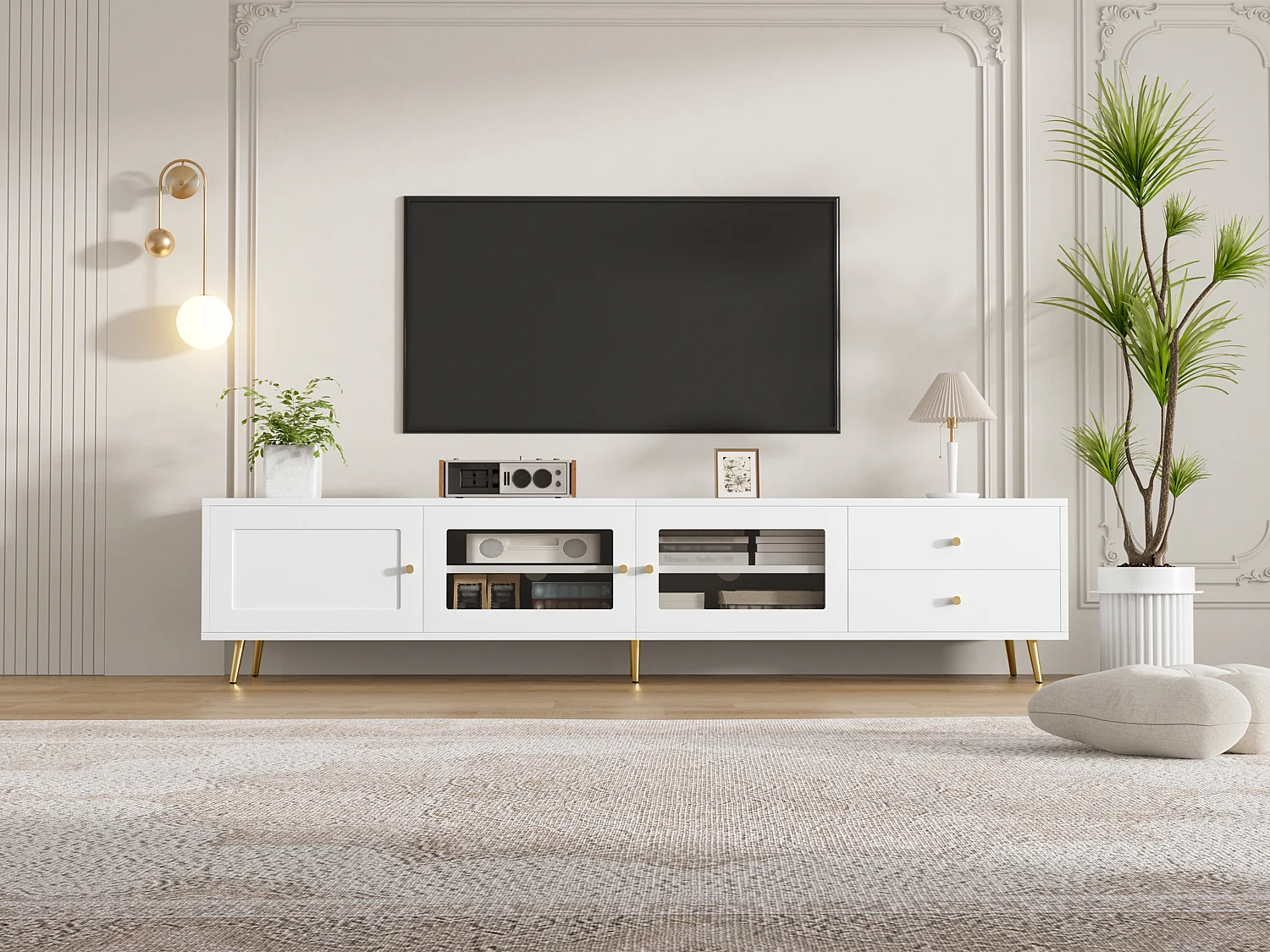 Moderner, niedriger TV-Ständer mit 2 Schubladen, 2 Glastüren und verstellbarem Stauraum – MDF und Metall – 170 x 40 x 28 cm – Weiß