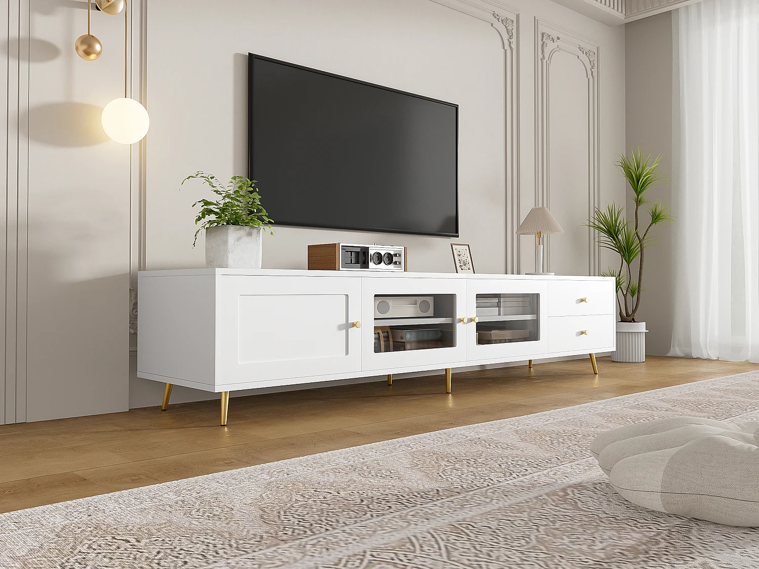 Moderner, niedriger TV-Ständer mit 2 Schubladen, 2 Glastüren und verstellbarem Stauraum – MDF und Metall – 170 x 40 x 28 cm – Weiß