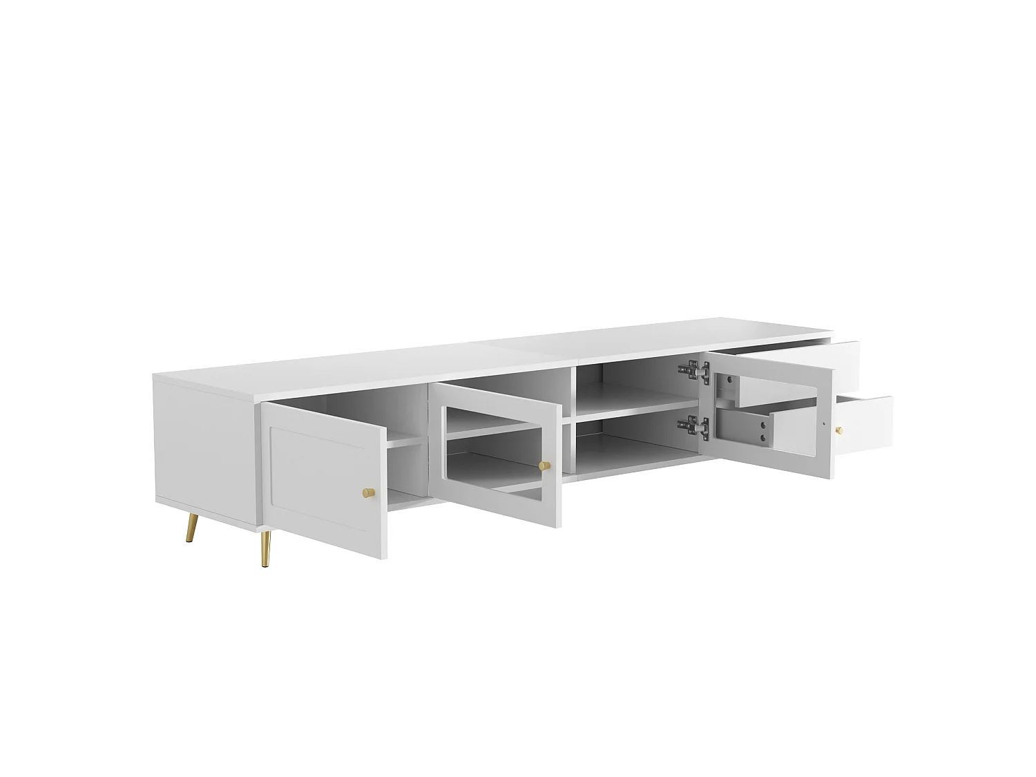 Moderner, niedriger TV-Ständer mit 2 Schubladen, 2 Glastüren und verstellbarem Stauraum – MDF und Metall – 170 x 40 x 28 cm – Weiß