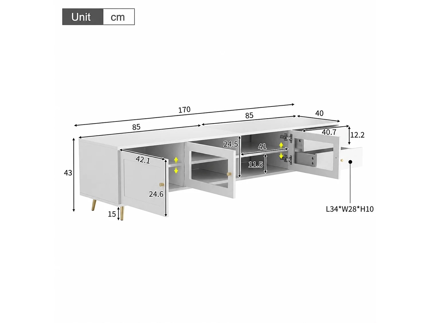 Moderner, niedriger TV-Ständer mit 2 Schubladen, 2 Glastüren und verstellbarem Stauraum – MDF und Metall – 170 x 40 x 28 cm – Weiß