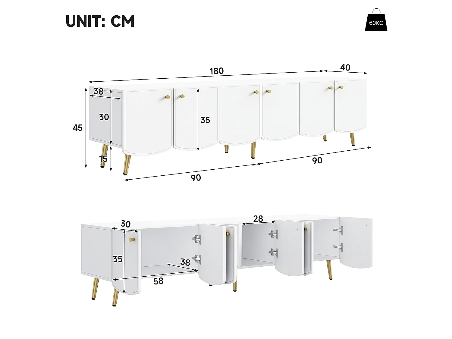 180 cm hoher TV-Ständer mit 6 Türen und goldenen Beinen – Spanplatte – 180 x 40 x 45 cm – Weiß und Gold