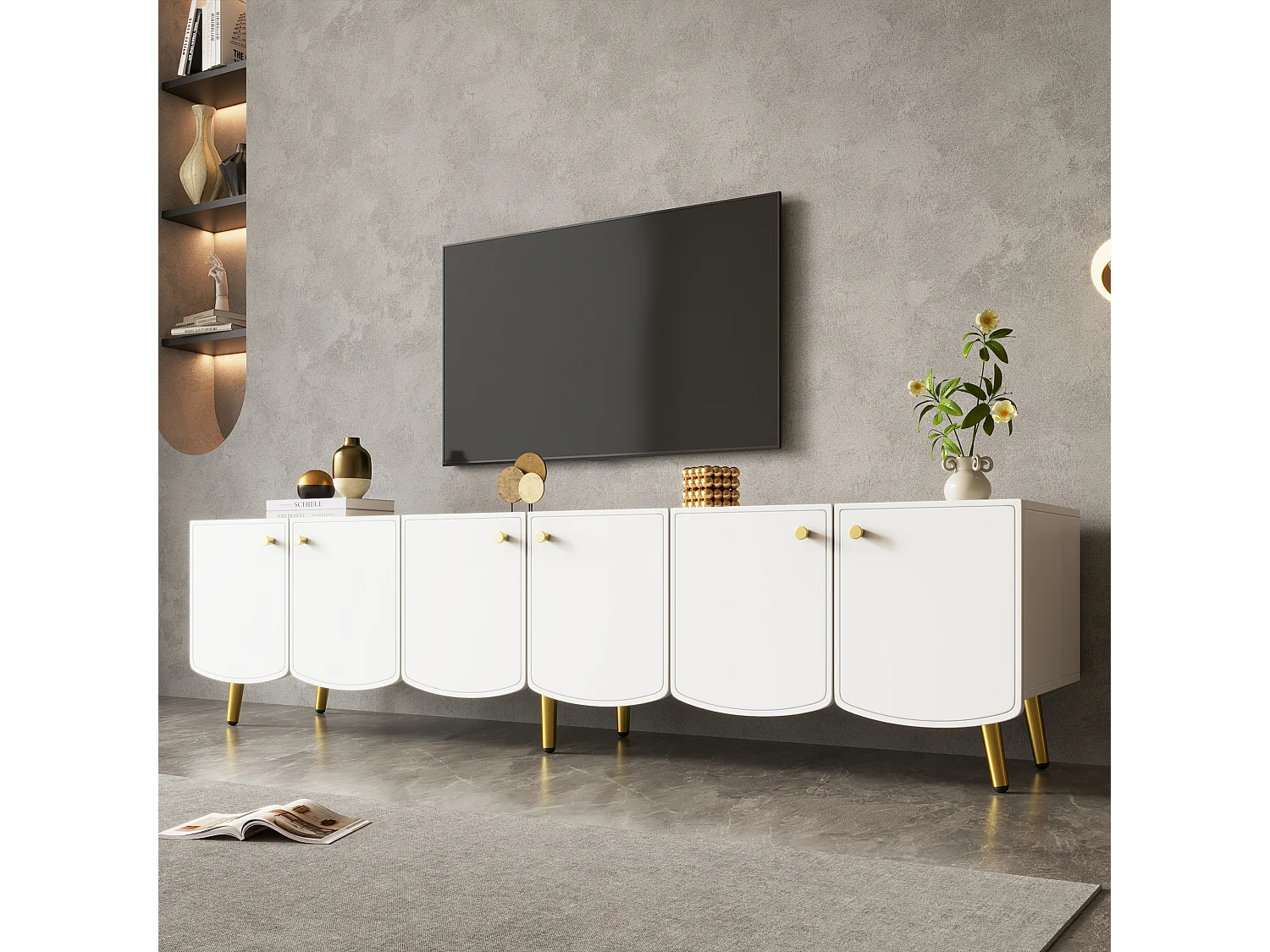 180 cm hoher TV-Ständer mit 6 Türen und goldenen Beinen – Spanplatte – 180 x 40 x 45 cm – Weiß und Gold