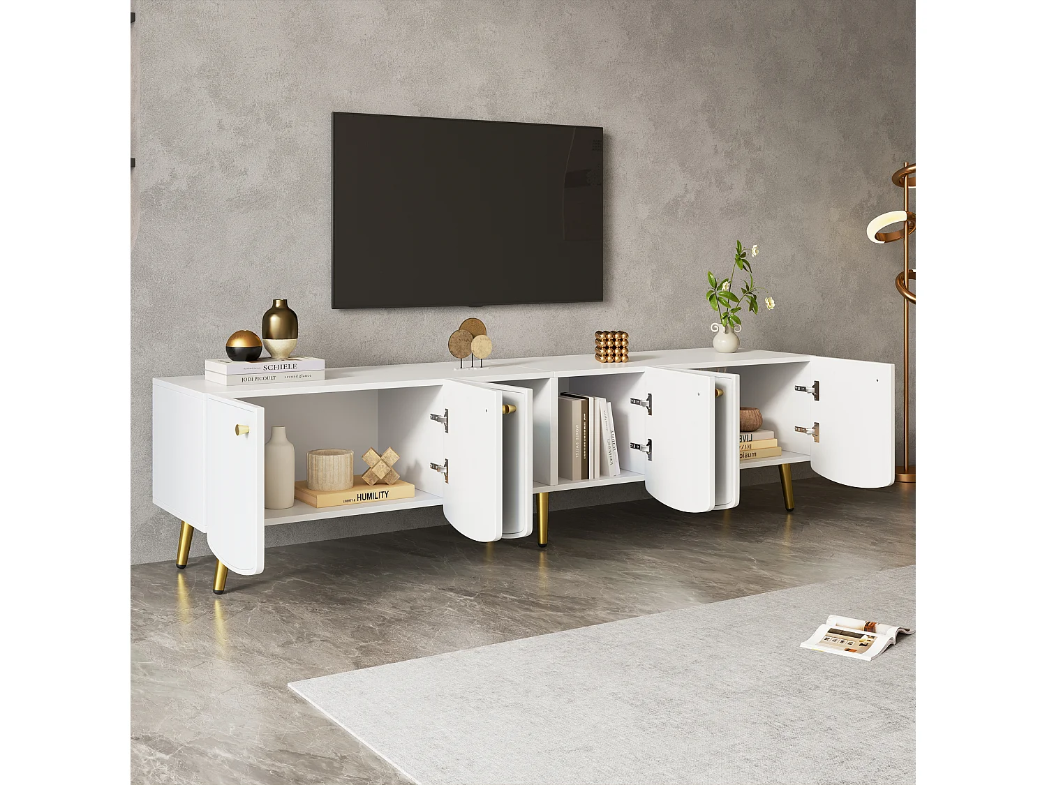 180 cm hoher TV-Ständer mit 6 Türen und goldenen Beinen – Spanplatte – 180 x 40 x 45 cm – Weiß und Gold