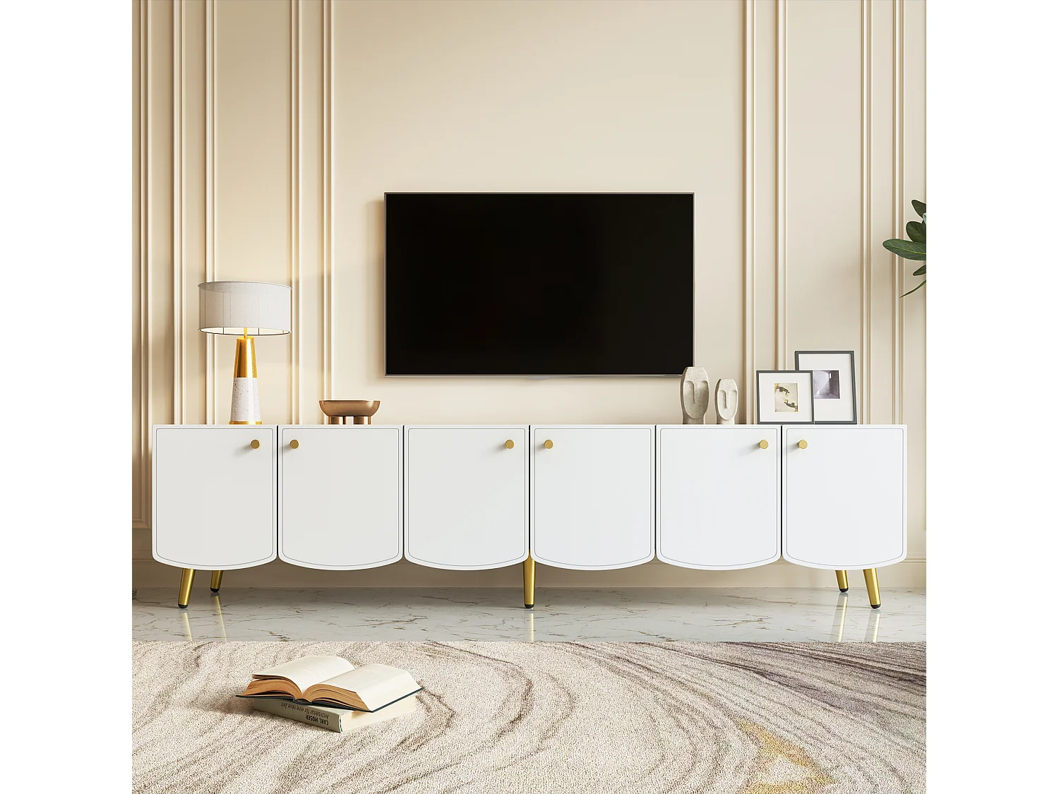 180 cm hoher TV-Ständer mit 6 Türen und goldenen Beinen – Spanplatte – 180 x 40 x 45 cm – Weiß und Gold