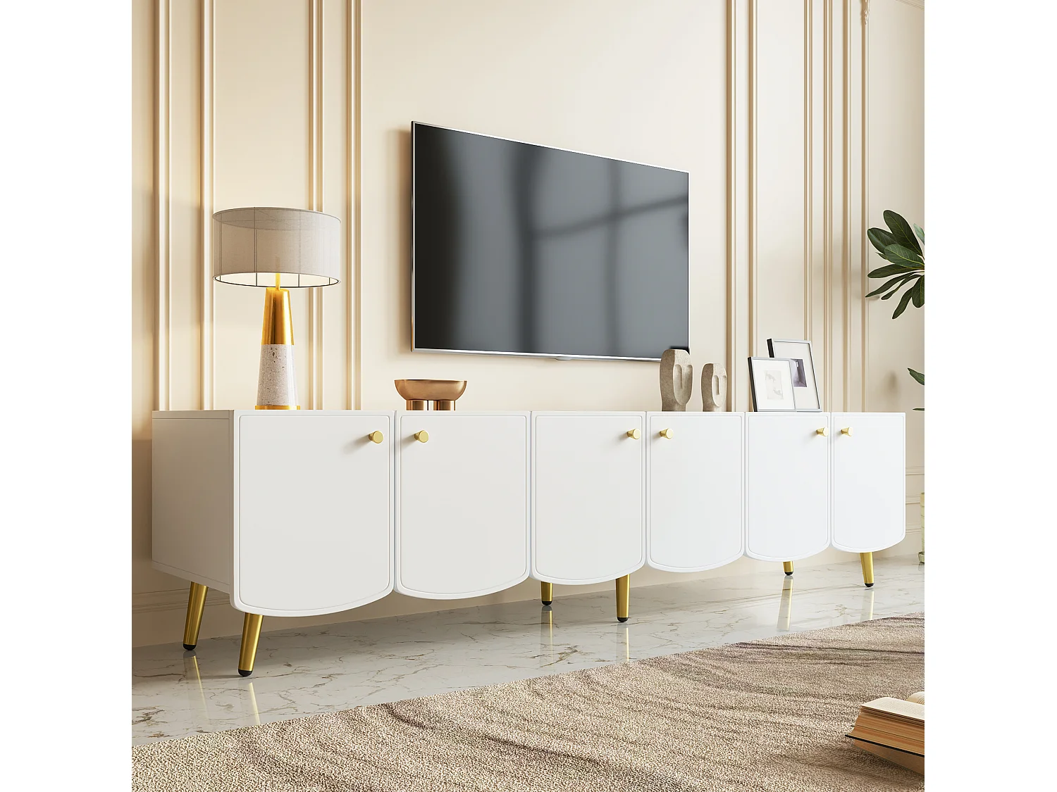 180 cm hoher TV-Ständer mit 6 Türen und goldenen Beinen – Spanplatte – 180 x 40 x 45 cm – Weiß und Gold