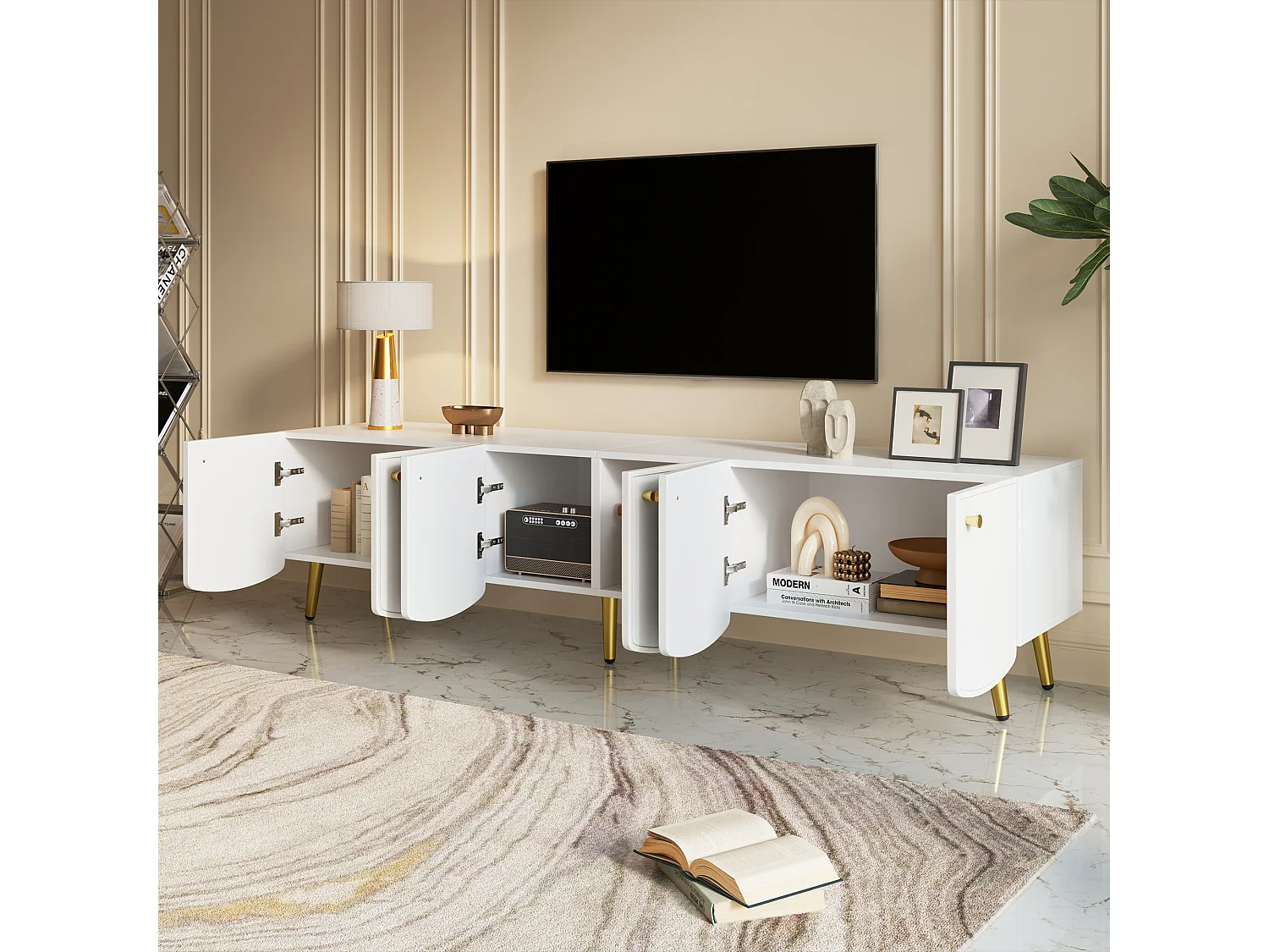 180 cm hoher TV-Ständer mit 6 Türen und goldenen Beinen – Spanplatte – 180 x 40 x 45 cm – Weiß und Gold