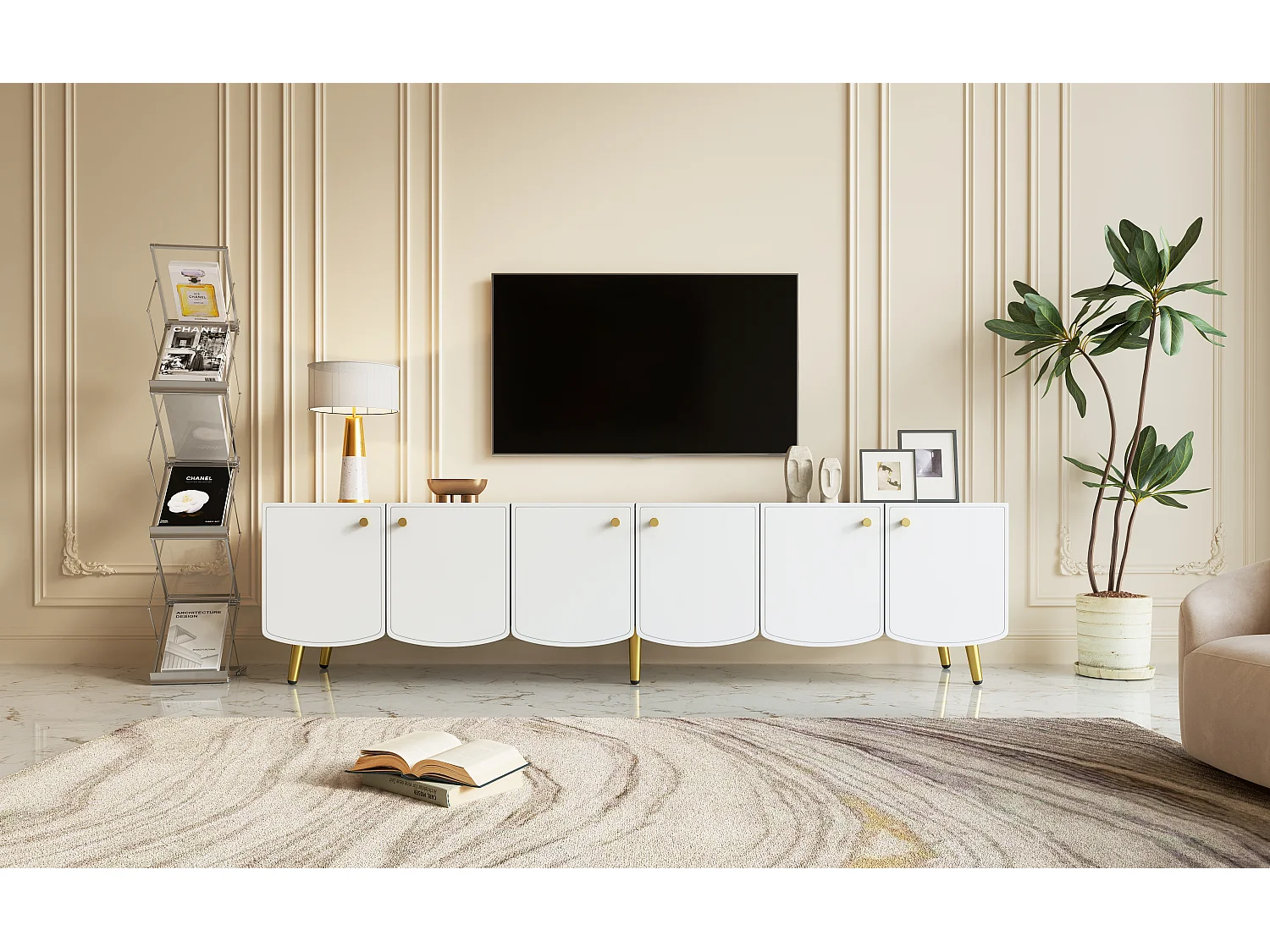 180 cm hoher TV-Ständer mit 6 Türen und goldenen Beinen – Spanplatte – 180 x 40 x 45 cm – Weiß und Gold