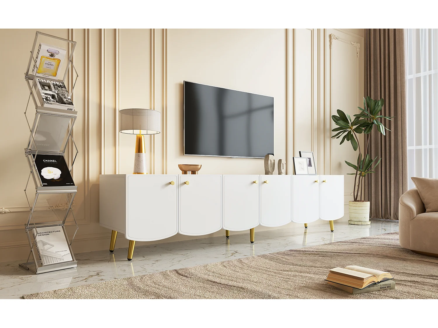 180 cm hoher TV-Ständer mit 6 Türen und goldenen Beinen – Spanplatte – 180 x 40 x 45 cm – Weiß und Gold