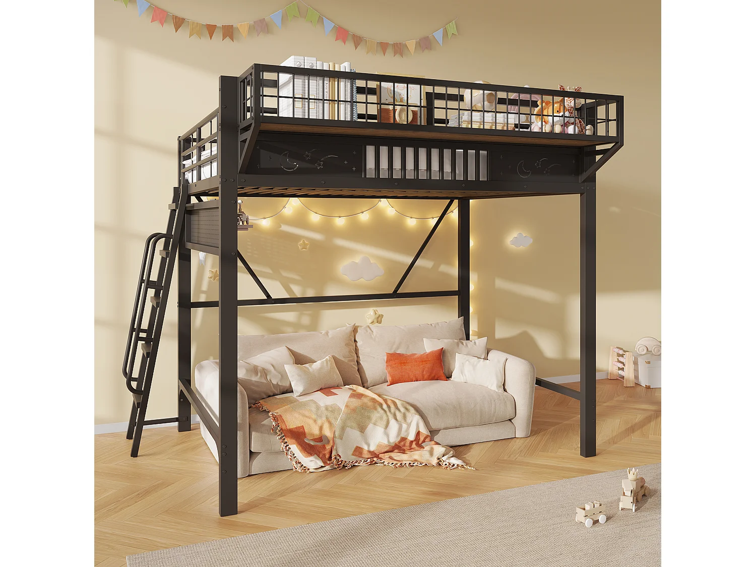 Kinder-Hochbett 140 x 200 cm aus Metall mit seitlichem Stauraum und umkehrbarer Treppe - Metall - Schwarz (Matratze nicht im Lieferumfang enthalten)