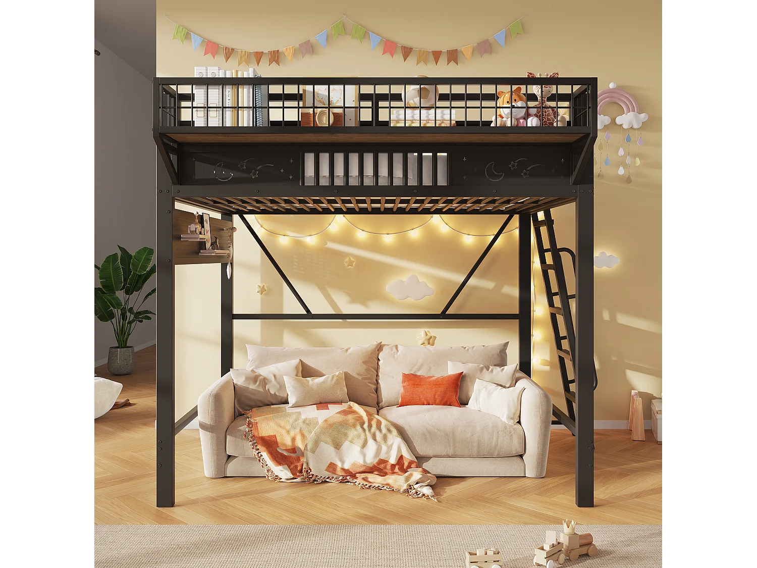 Kinder-Hochbett 140 x 200 cm aus Metall mit seitlichem Stauraum und umkehrbarer Treppe - Metall - Schwarz (Matratze nicht im Lieferumfang enthalten)