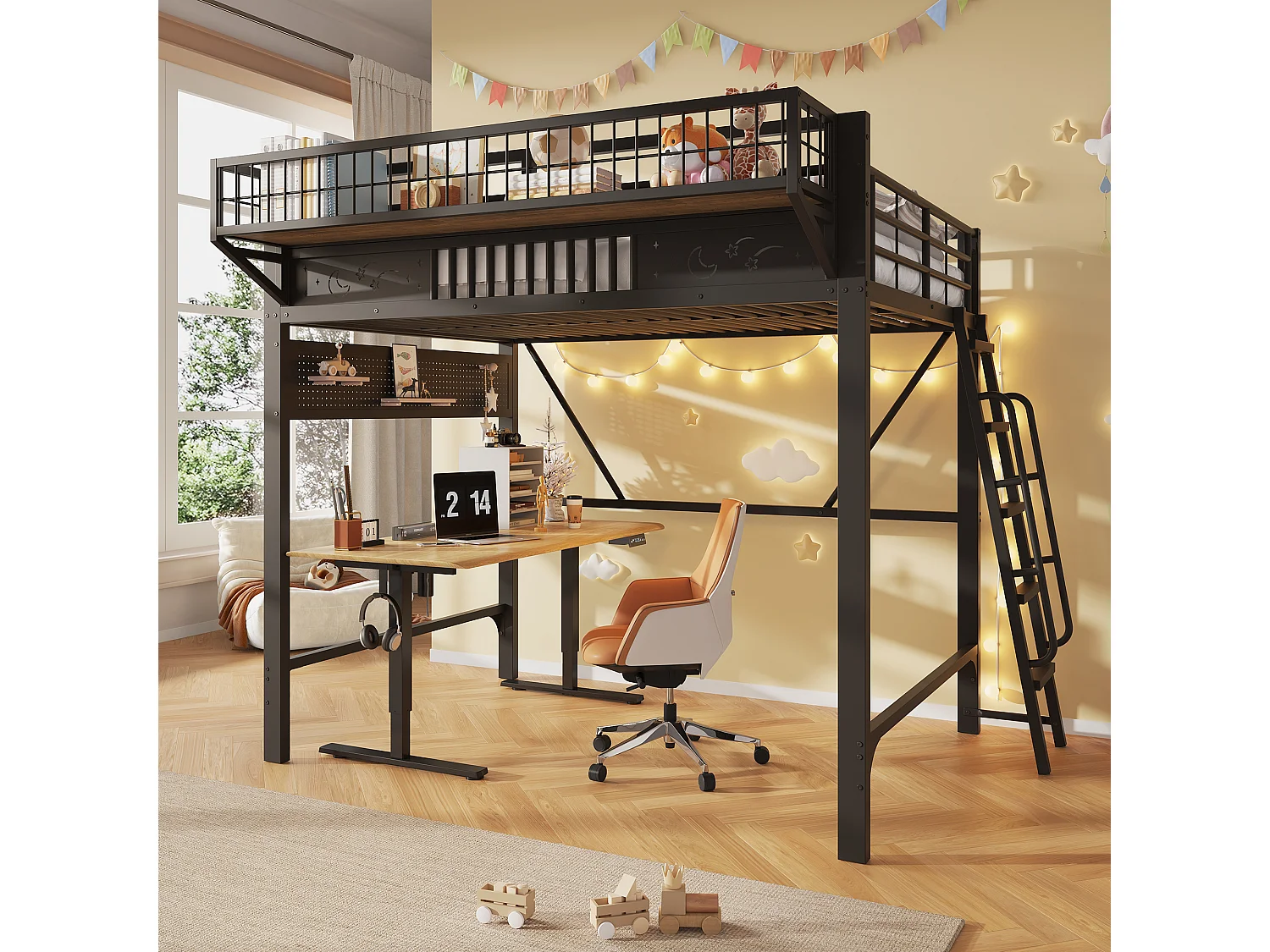 Kinder-Hochbett 140 x 200 cm aus Metall mit seitlichem Stauraum und umkehrbarer Treppe - Metall - Schwarz (Matratze nicht im Lieferumfang enthalten)