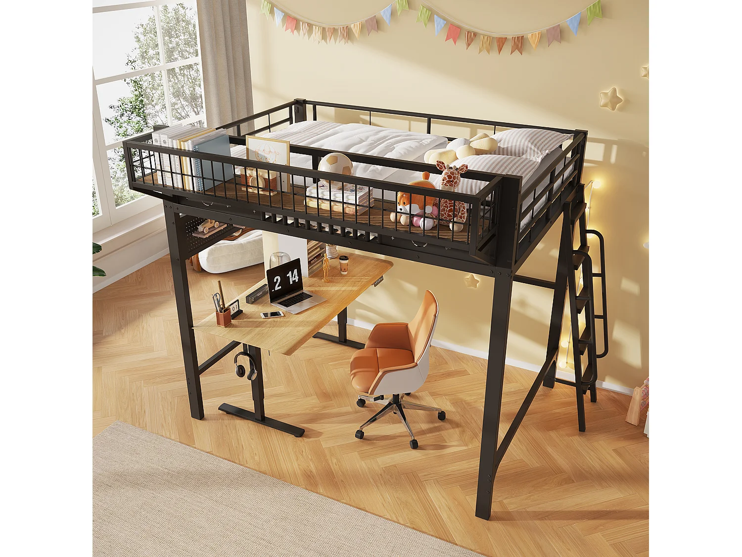 Kinder-Hochbett 140 x 200 cm aus Metall mit seitlichem Stauraum und umkehrbarer Treppe - Metall - Schwarz (Matratze nicht im Lieferumfang enthalten)