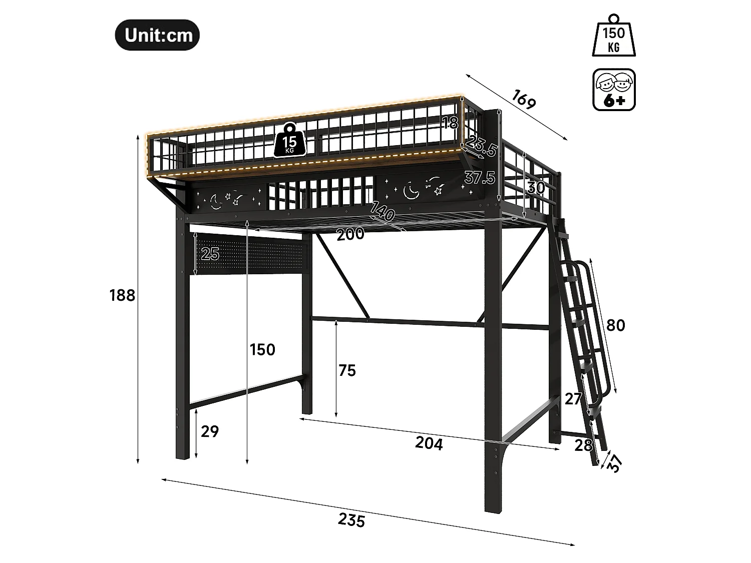Kinder-Hochbett 140 x 200 cm aus Metall mit seitlichem Stauraum und umkehrbarer Treppe - Metall - Schwarz (Matratze nicht im Lieferumfang enthalten)