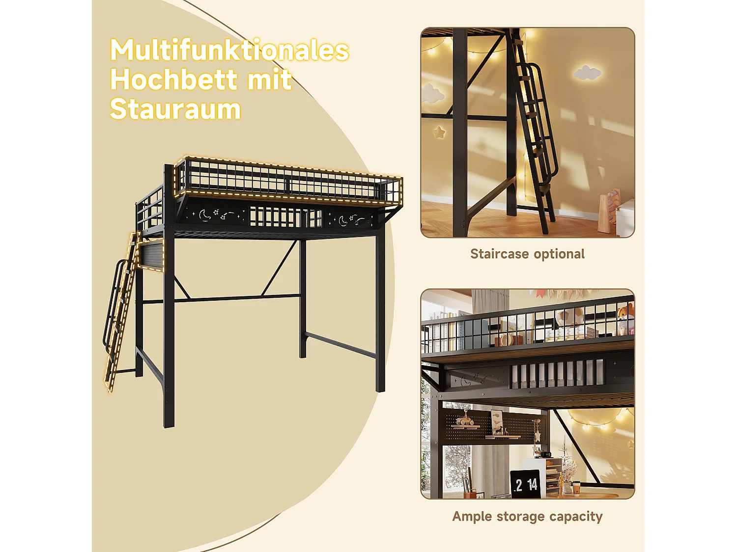 Kinder-Hochbett 140 x 200 cm aus Metall mit seitlichem Stauraum und umkehrbarer Treppe - Metall - Schwarz (Matratze nicht im Lieferumfang enthalten)