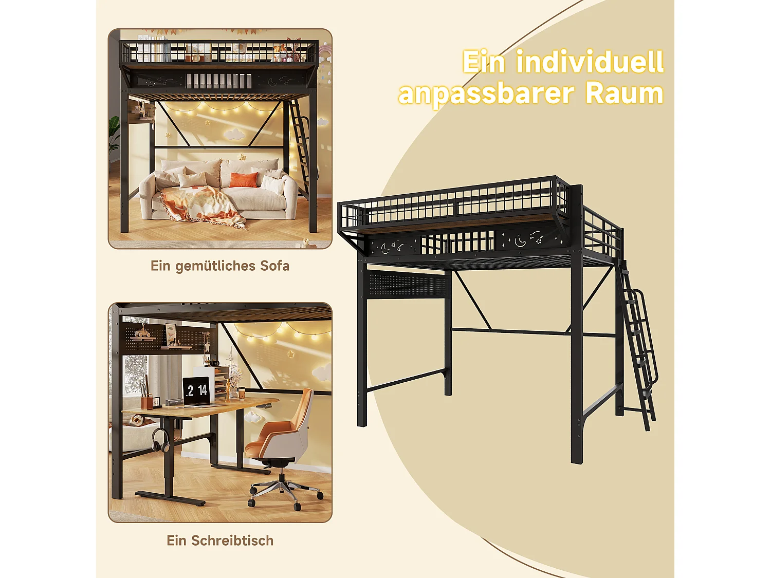Kinder-Hochbett 140 x 200 cm aus Metall mit seitlichem Stauraum und umkehrbarer Treppe - Metall - Schwarz (Matratze nicht im Lieferumfang enthalten)