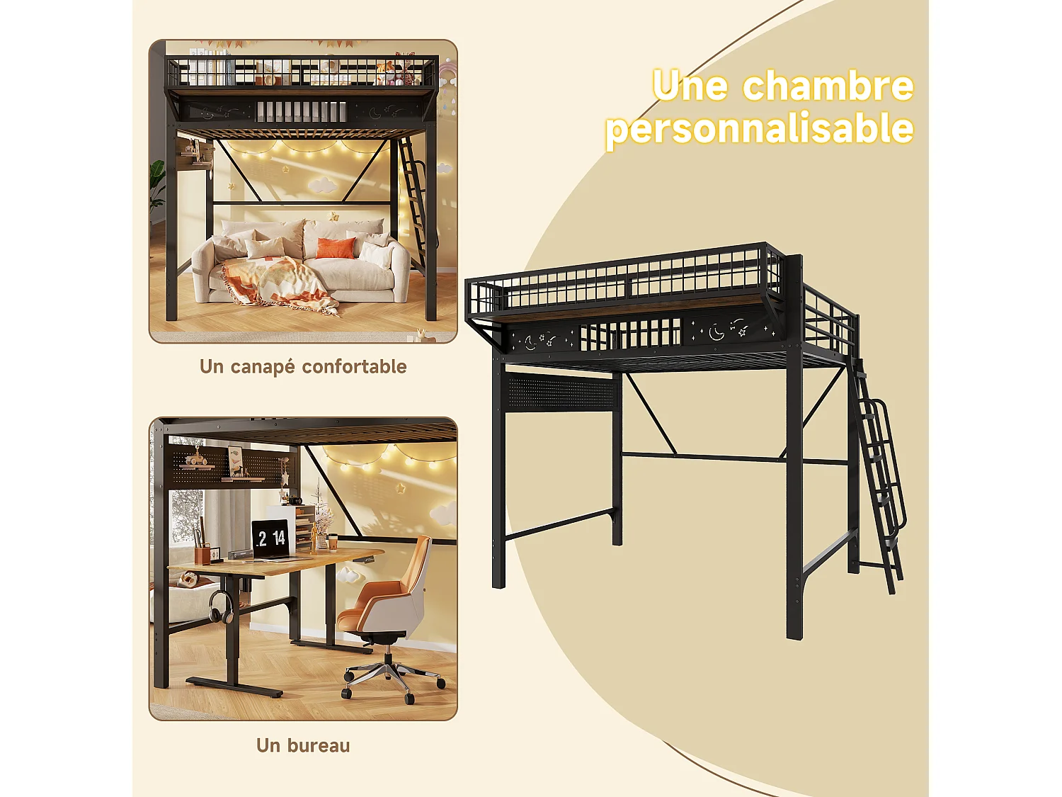 Kinder-Hochbett 140 x 200 cm aus Metall mit seitlichem Stauraum und umkehrbarer Treppe - Metall - Schwarz (Matratze nicht im Lieferumfang enthalten)