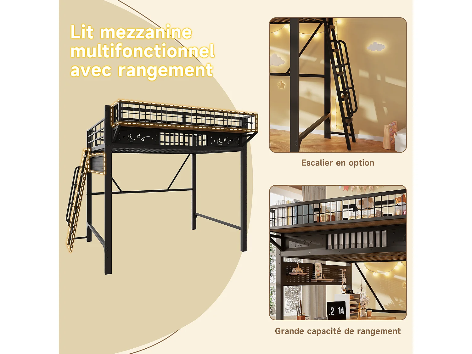 Kinder-Hochbett 140 x 200 cm aus Metall mit seitlichem Stauraum und umkehrbarer Treppe - Metall - Schwarz (Matratze nicht im Lieferumfang enthalten)