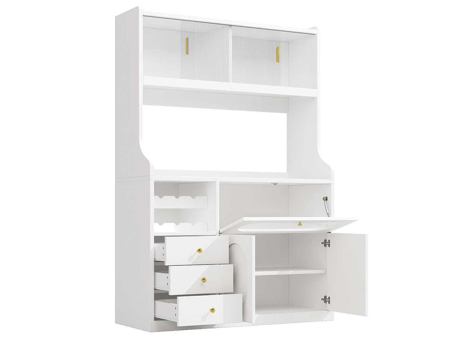 Hoog keukendressoir met ledverlichting, 5 deuren, 3 lades en wijnrek - MDF, glas en metaal - 120 × 40 × 180 cm - Wit