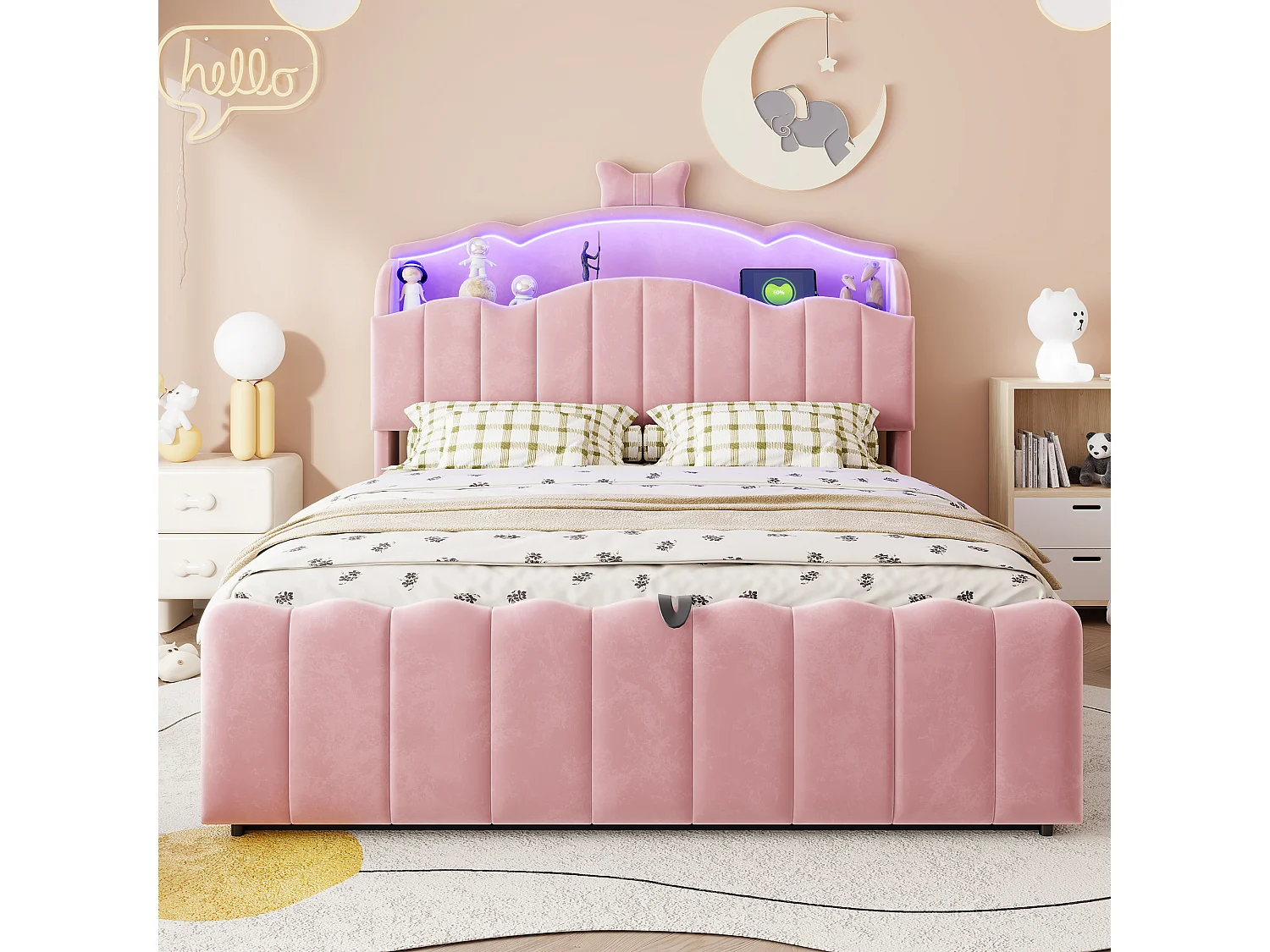 Lit coffre 140 x 200 cm avec tête de lit ouvrante, ports USB & USB-C, LED - Velours + MDF + métal - Rose (Sans matelas)