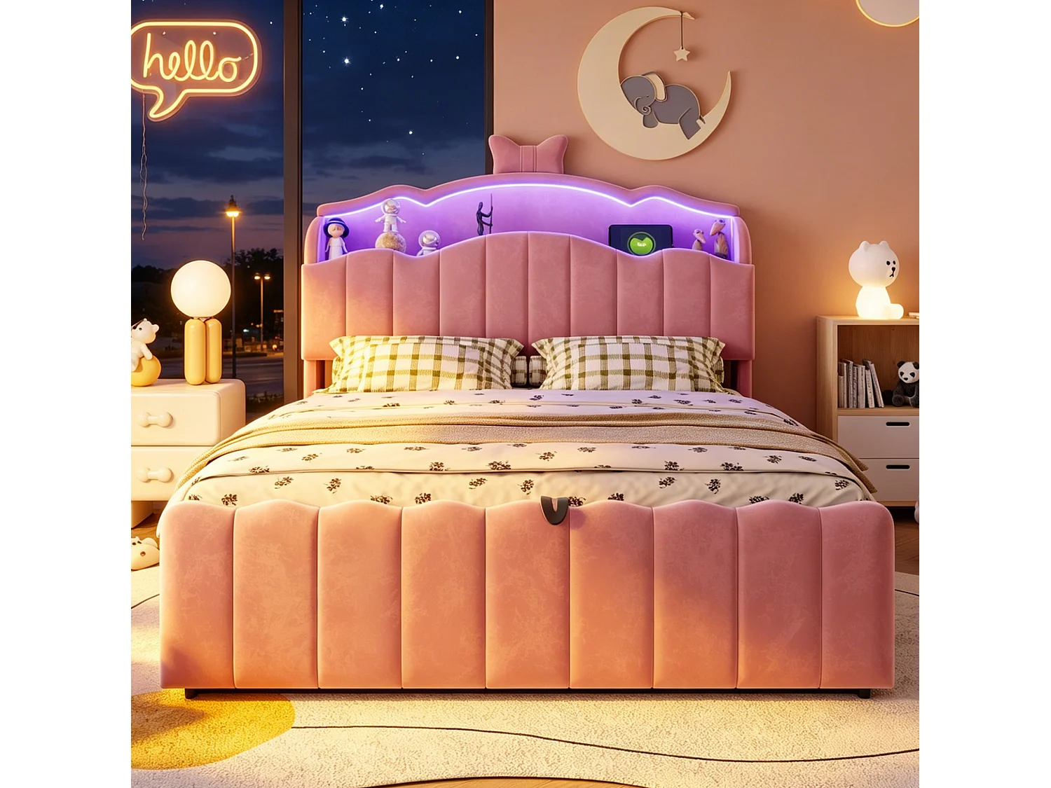 Lit coffre 140 x 200 cm avec tête de lit ouvrante, ports USB & USB-C, LED - Velours + MDF + métal - Rose (Sans matelas)