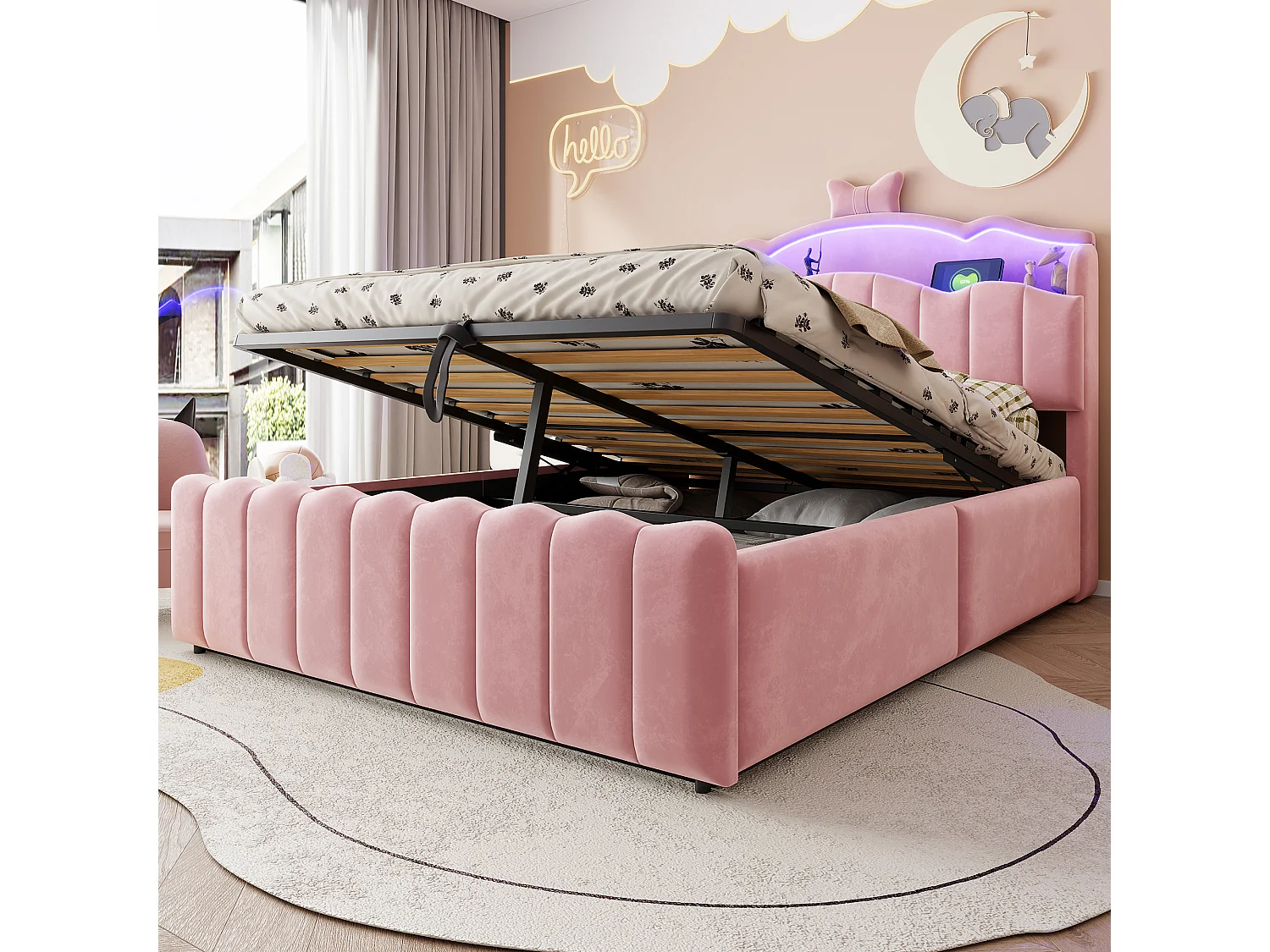 Lit coffre 140 x 200 cm avec tête de lit ouvrante, ports USB & USB-C, LED - Velours + MDF + métal - Rose (Sans matelas)
