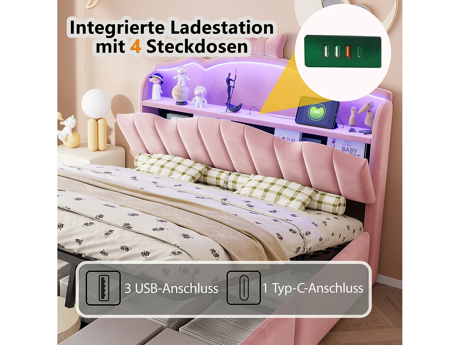 Lit coffre 140 x 200 cm avec tête de lit ouvrante, ports USB & USB-C, LED - Velours + MDF + métal - Rose (Sans matelas)