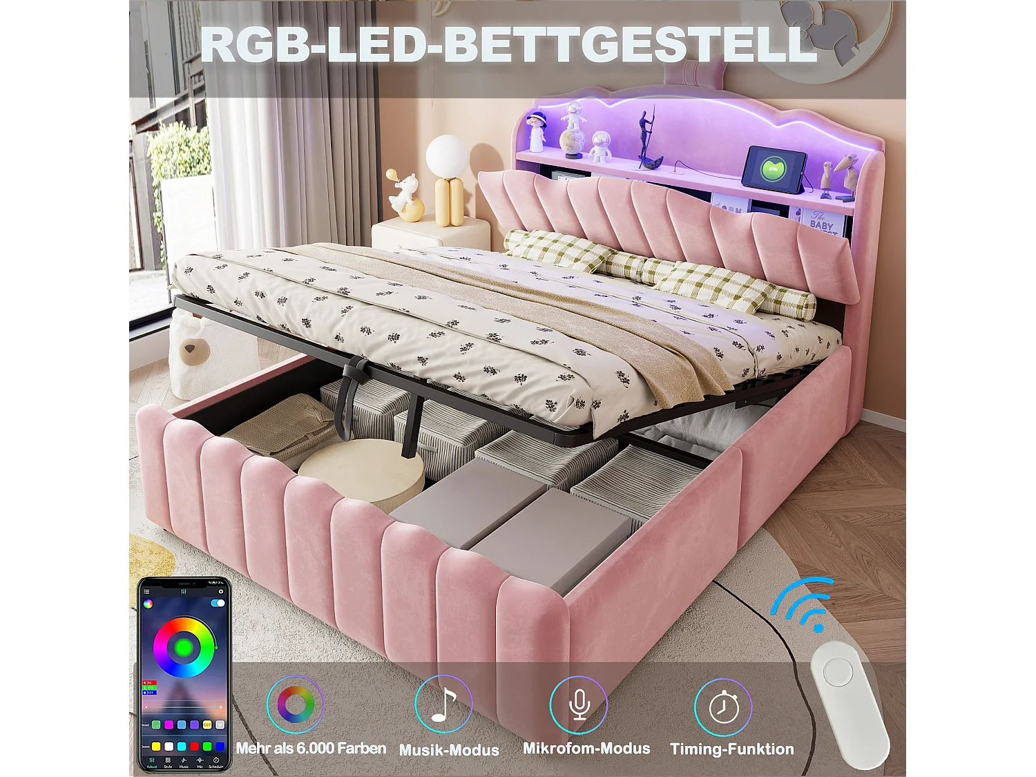 Lit coffre 140 x 200 cm avec tête de lit ouvrante, ports USB & USB-C, LED - Velours + MDF + métal - Rose (Sans matelas)