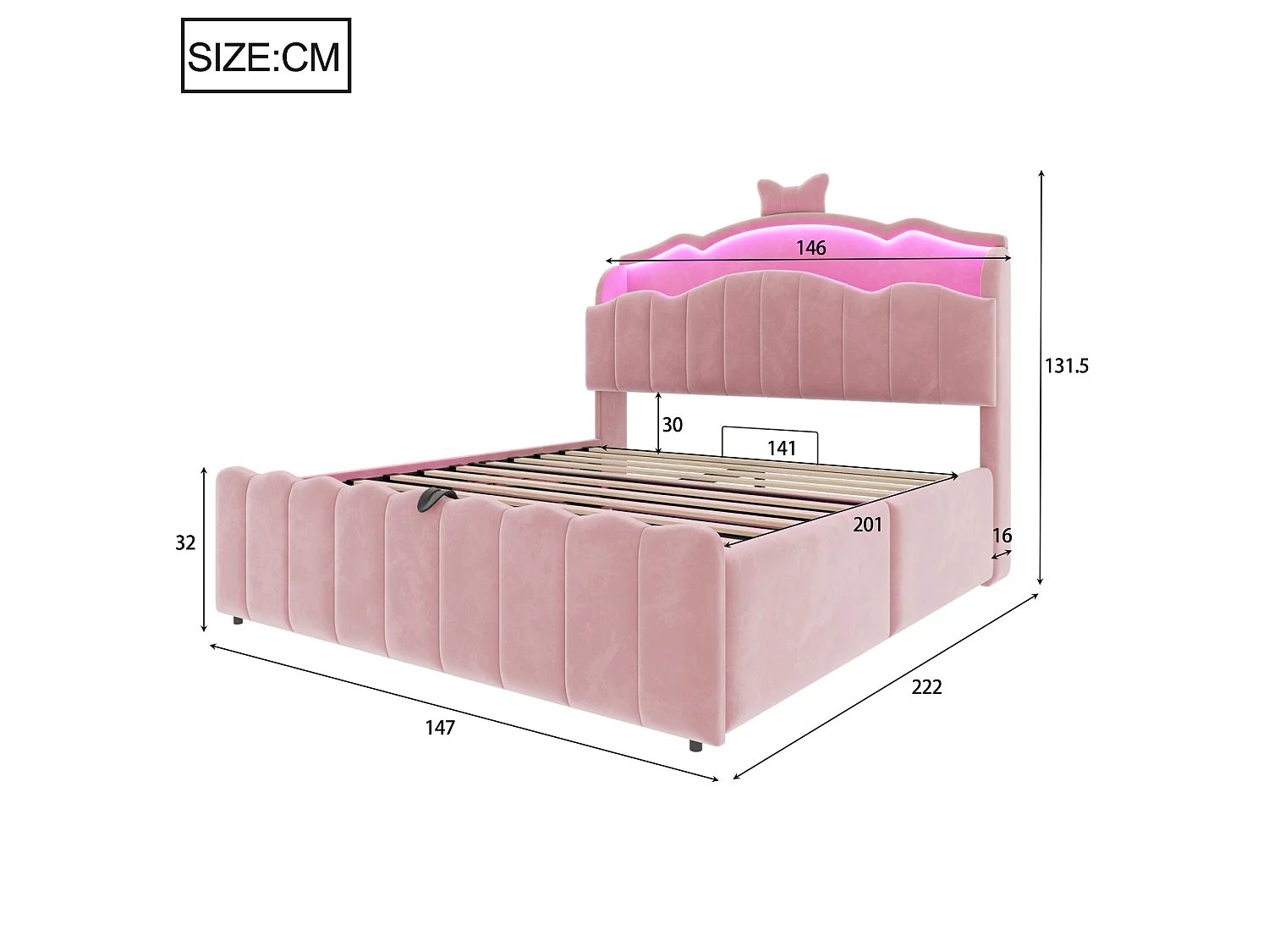 Lit coffre 140 x 200 cm avec tête de lit ouvrante, ports USB & USB-C, LED - Velours + MDF + métal - Rose (Sans matelas)