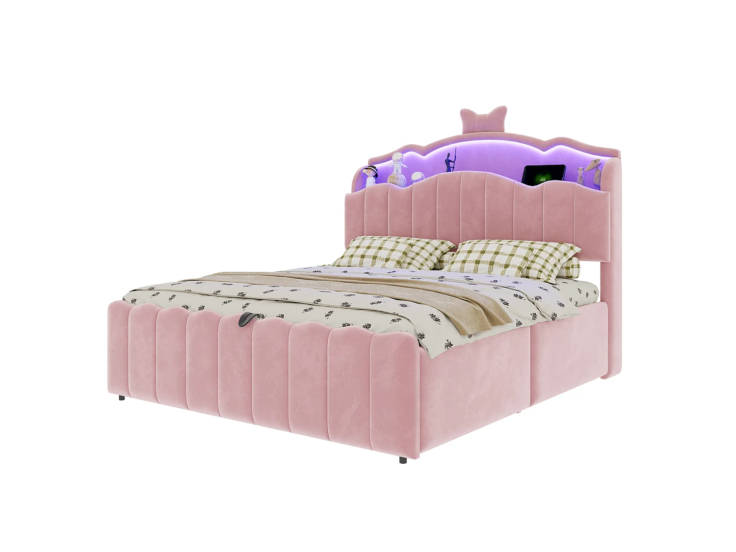 Lit coffre 140 x 200 cm avec tête de lit ouvrante, ports USB & USB-C, LED - Velours + MDF + métal - Rose (Sans matelas)