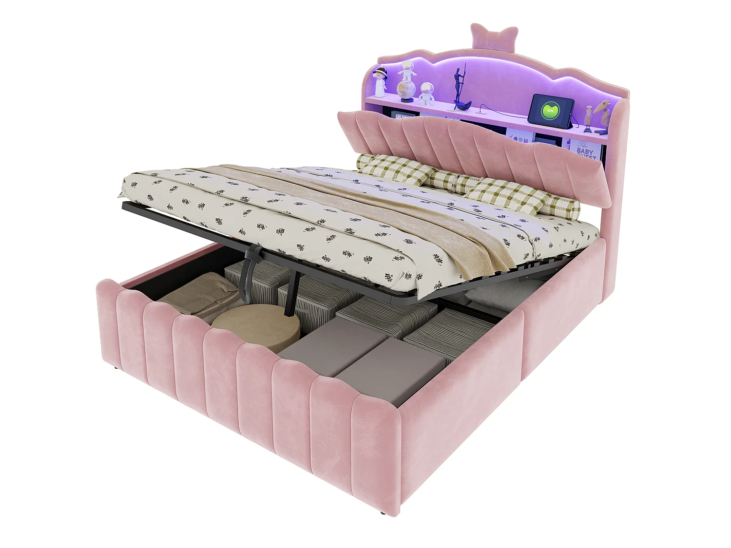 Lit coffre 140 x 200 cm avec tête de lit ouvrante, ports USB & USB-C, LED - Velours + MDF + métal - Rose (Sans matelas)