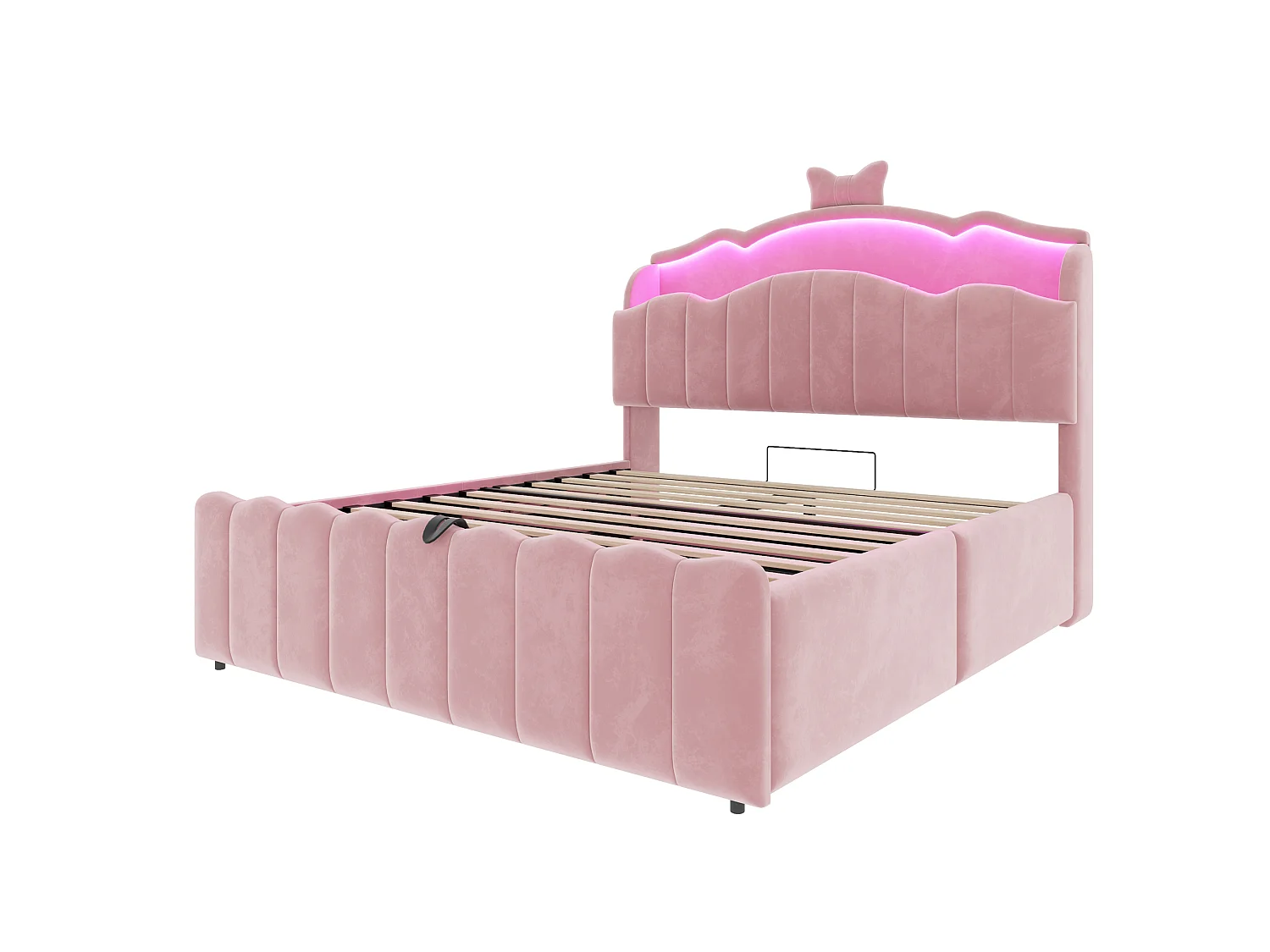 Lit coffre 140 x 200 cm avec tête de lit ouvrante, ports USB & USB-C, LED - Velours + MDF + métal - Rose (Sans matelas)