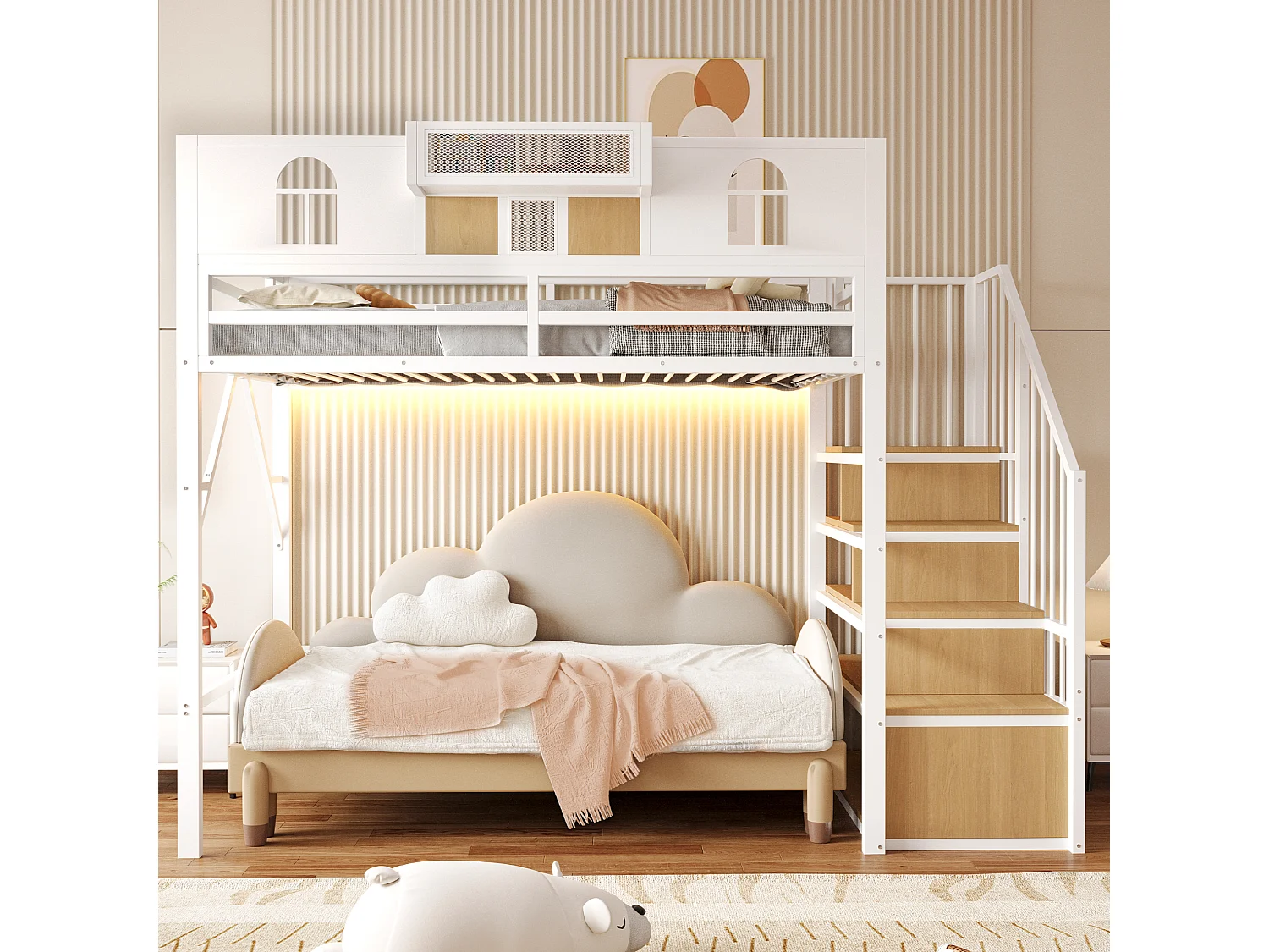 Hochbett für Kinder 90 x 200 cm mit Leiter und Stauraum, LED-Beleuchtung - MDF + Metall - Weiß (Matratze nicht im Lieferumfang enthalten)