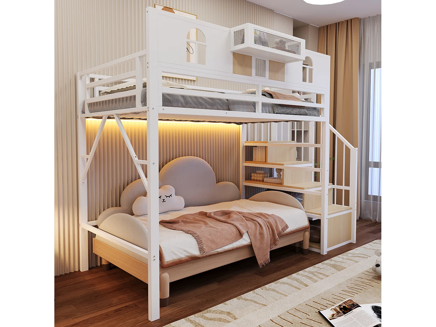 Hochbett für Kinder 90 x 200 cm mit Leiter und Stauraum, LED-Beleuchtung - MDF + Metall - Weiß (Matratze nicht im Lieferumfang enthalten)