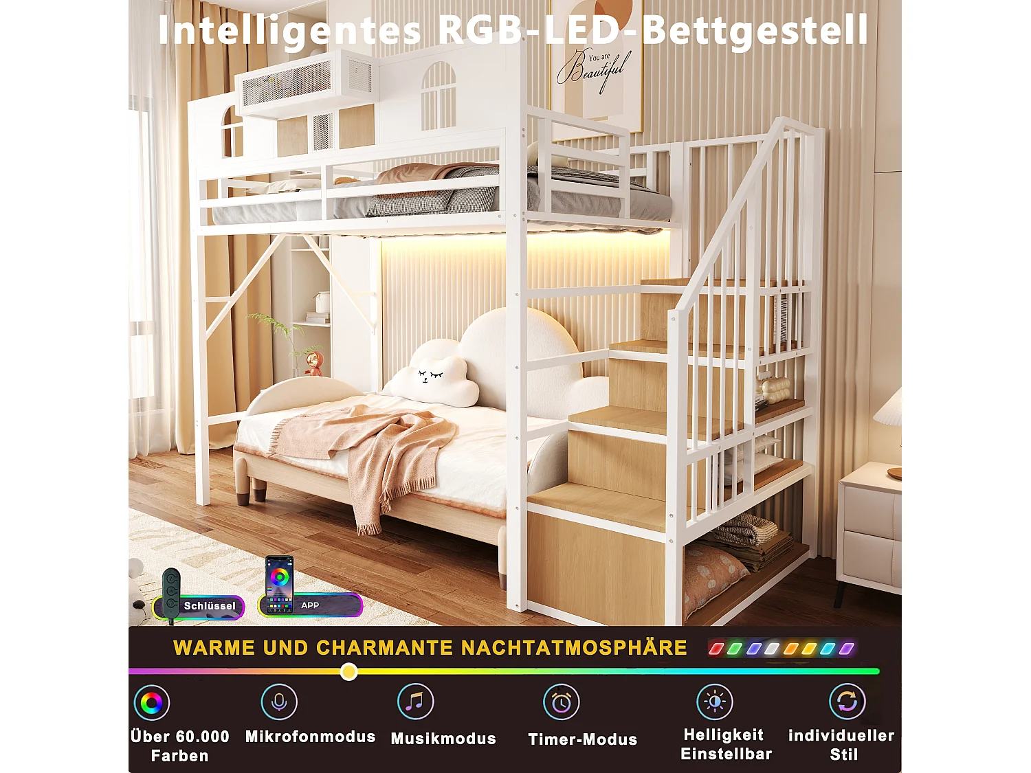 Hochbett für Kinder 90 x 200 cm mit Leiter und Stauraum, LED-Beleuchtung - MDF + Metall - Weiß (Matratze nicht im Lieferumfang enthalten)
