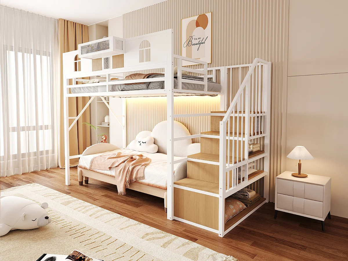 Hochbett für Kinder 90 x 200 cm mit Leiter und Stauraum, LED-Beleuchtung - MDF + Metall - Weiß (Matratze nicht im Lieferumfang enthalten)