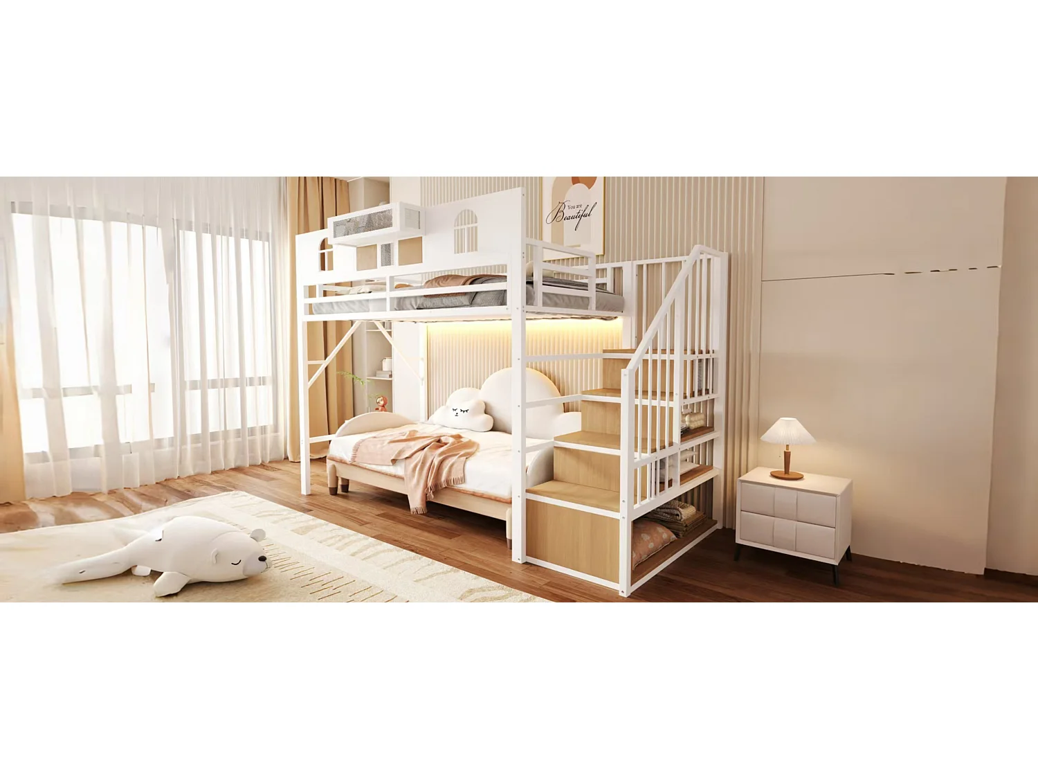 Hochbett für Kinder 90 x 200 cm mit Leiter und Stauraum, LED-Beleuchtung - MDF + Metall - Weiß (Matratze nicht im Lieferumfang enthalten)