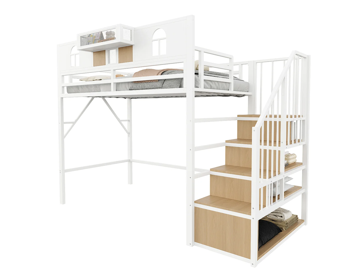 Hochbett für Kinder 90 x 200 cm mit Leiter und Stauraum, LED-Beleuchtung - MDF + Metall - Weiß (Matratze nicht im Lieferumfang enthalten)